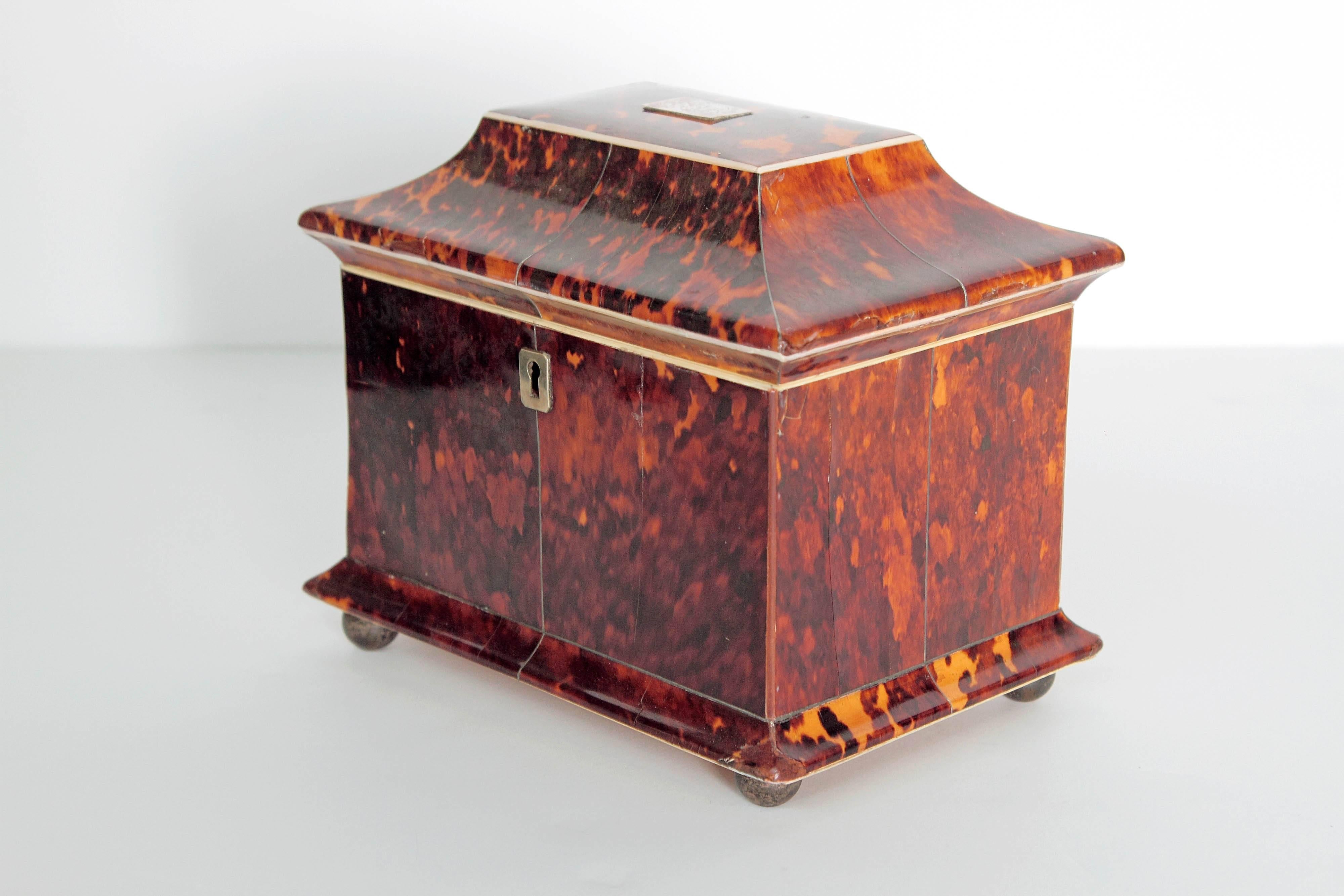 19th century English tortoise shell tea caddy with roof-form lid and bun feet. The fitted interior with two unlined compartments for tea, each lid is tortoise with bone pulls. Interior base and lid are both lined with bone. The lid with green velvet