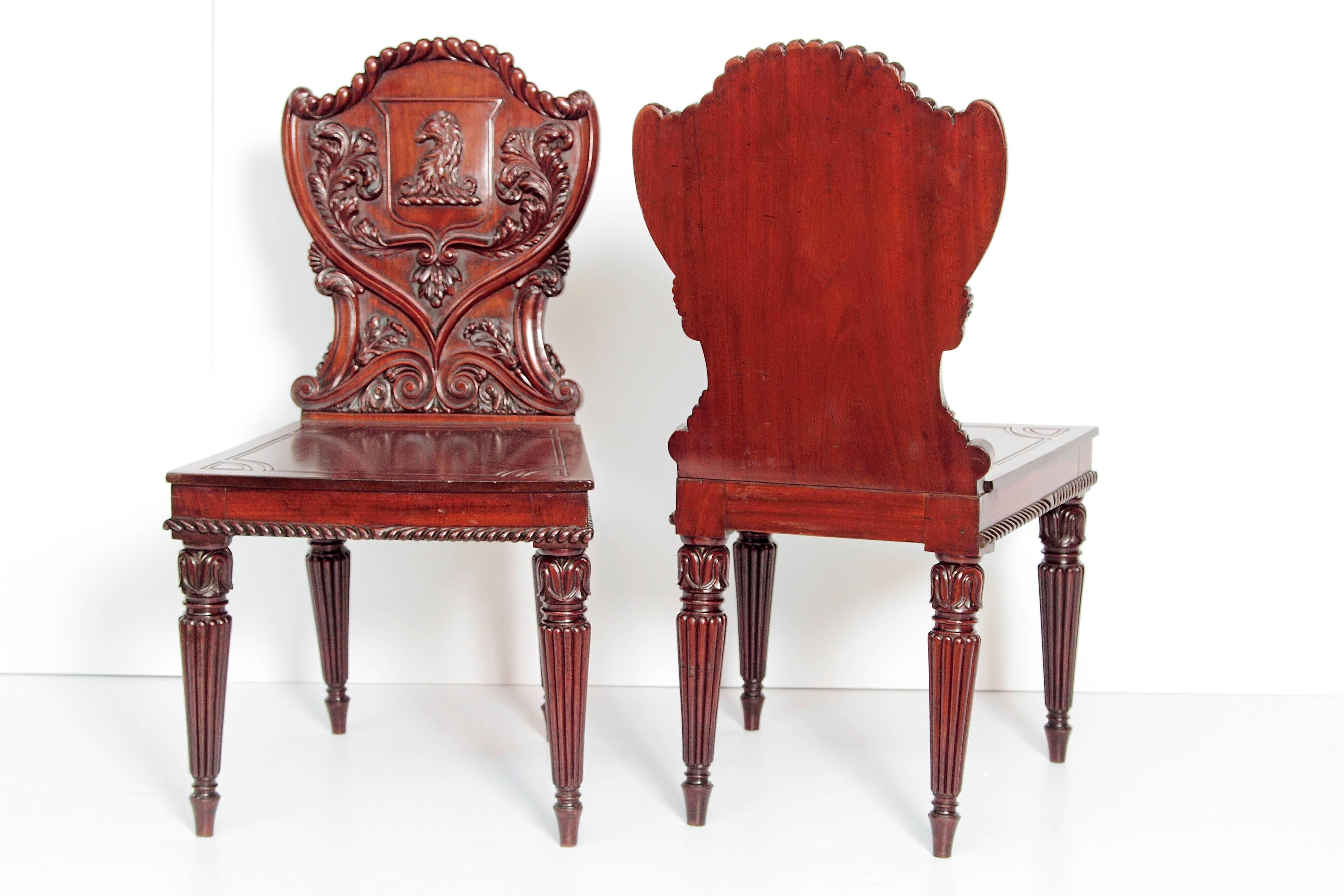 Hand-Carved Pair of English Regency Mahogany Hall Chairs