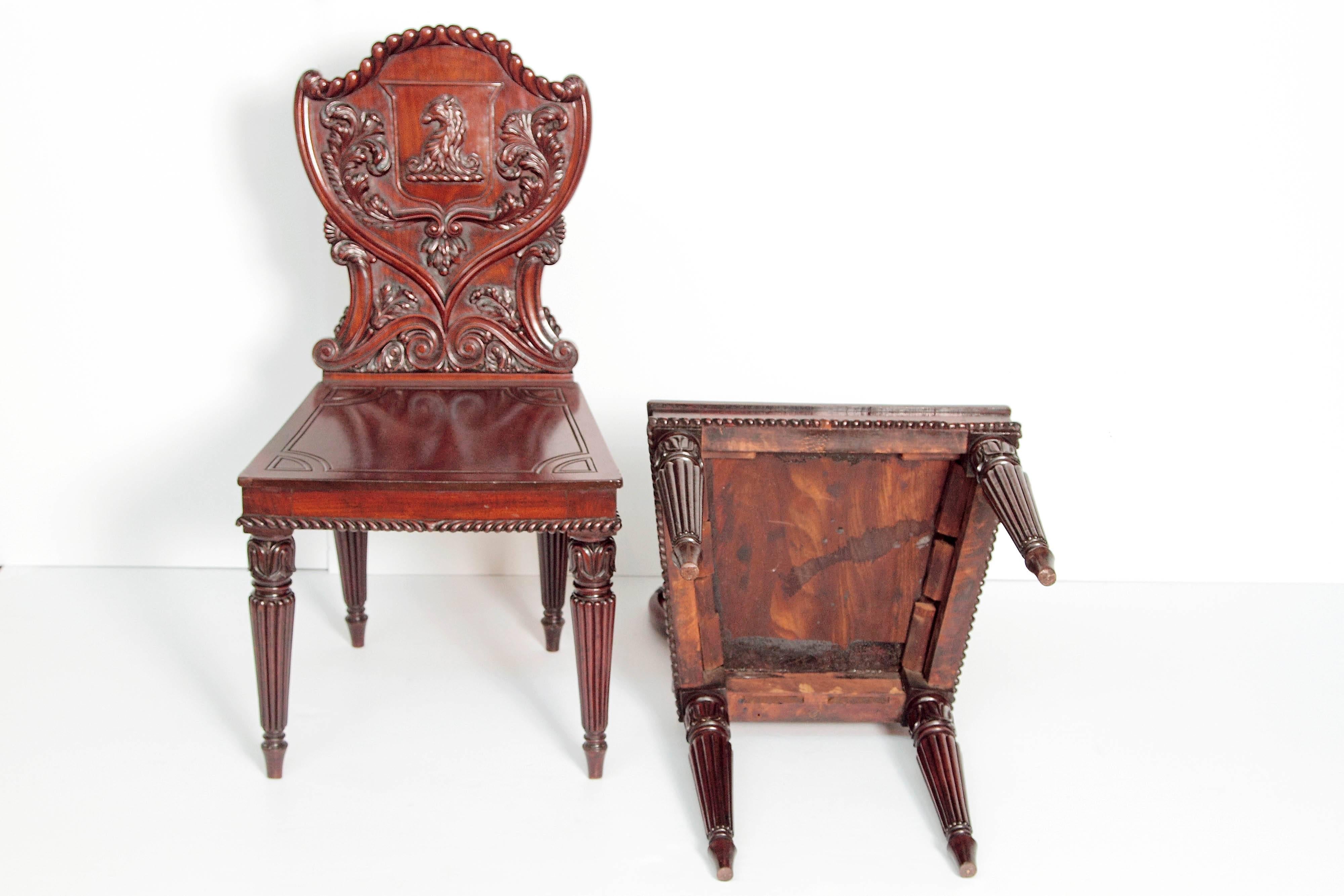 Pair of English Regency Mahogany Hall Chairs 2