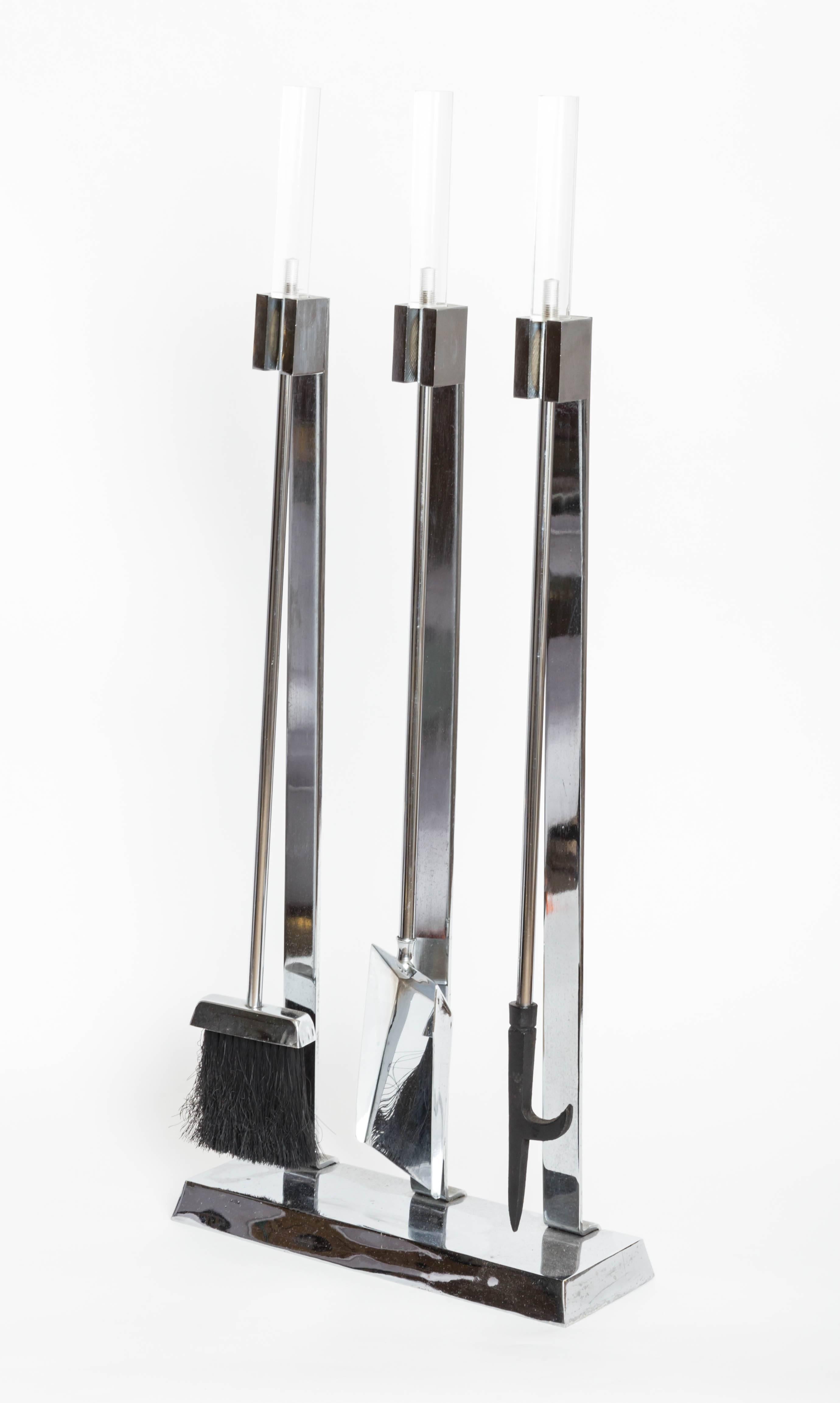Mid-Century Modern Set of Chrome Fire Tool Set with Lucite Handles For Sale