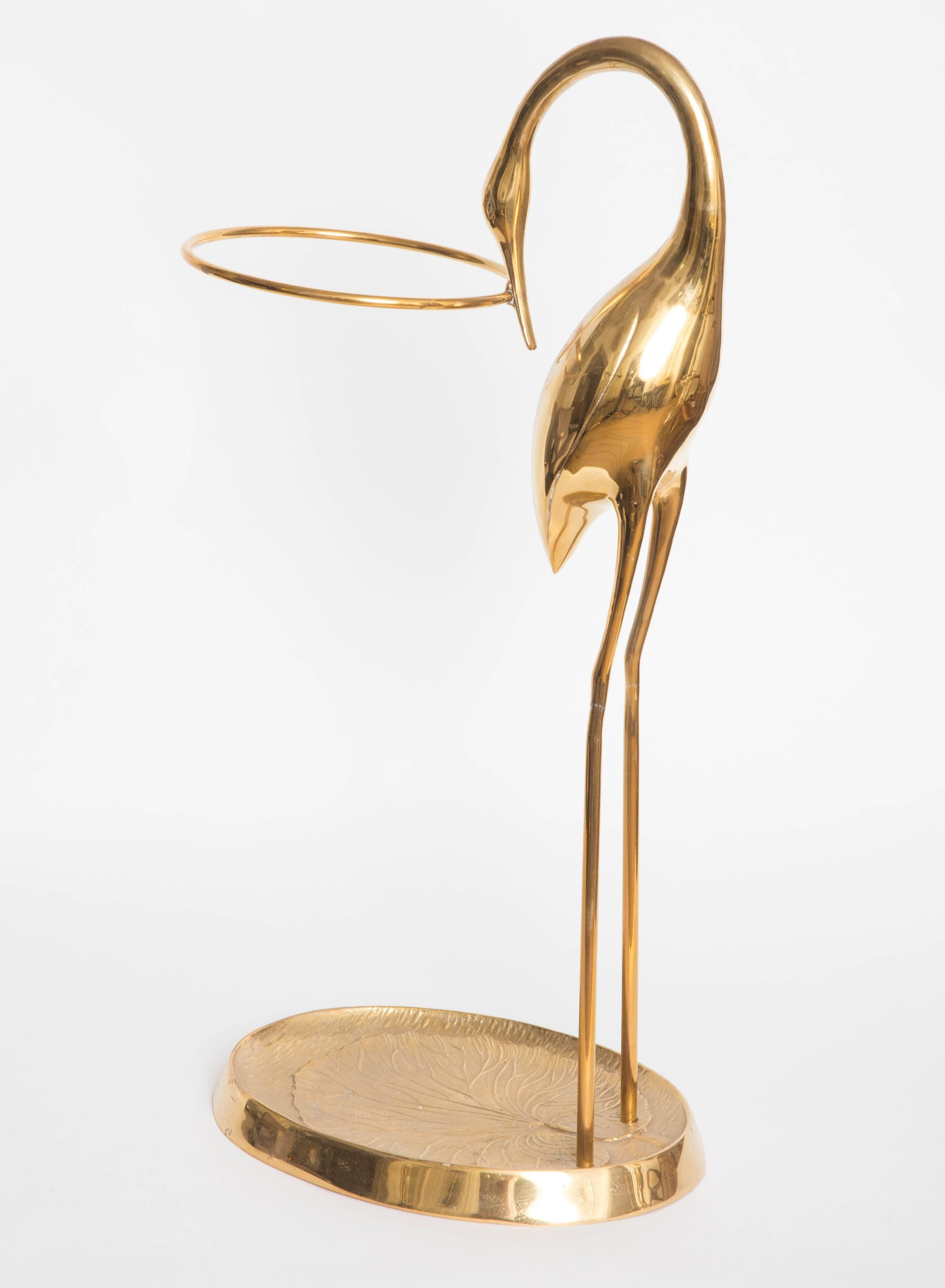 Mid-Century Modern Brass Sculptured Heron Form Umbrella Stand