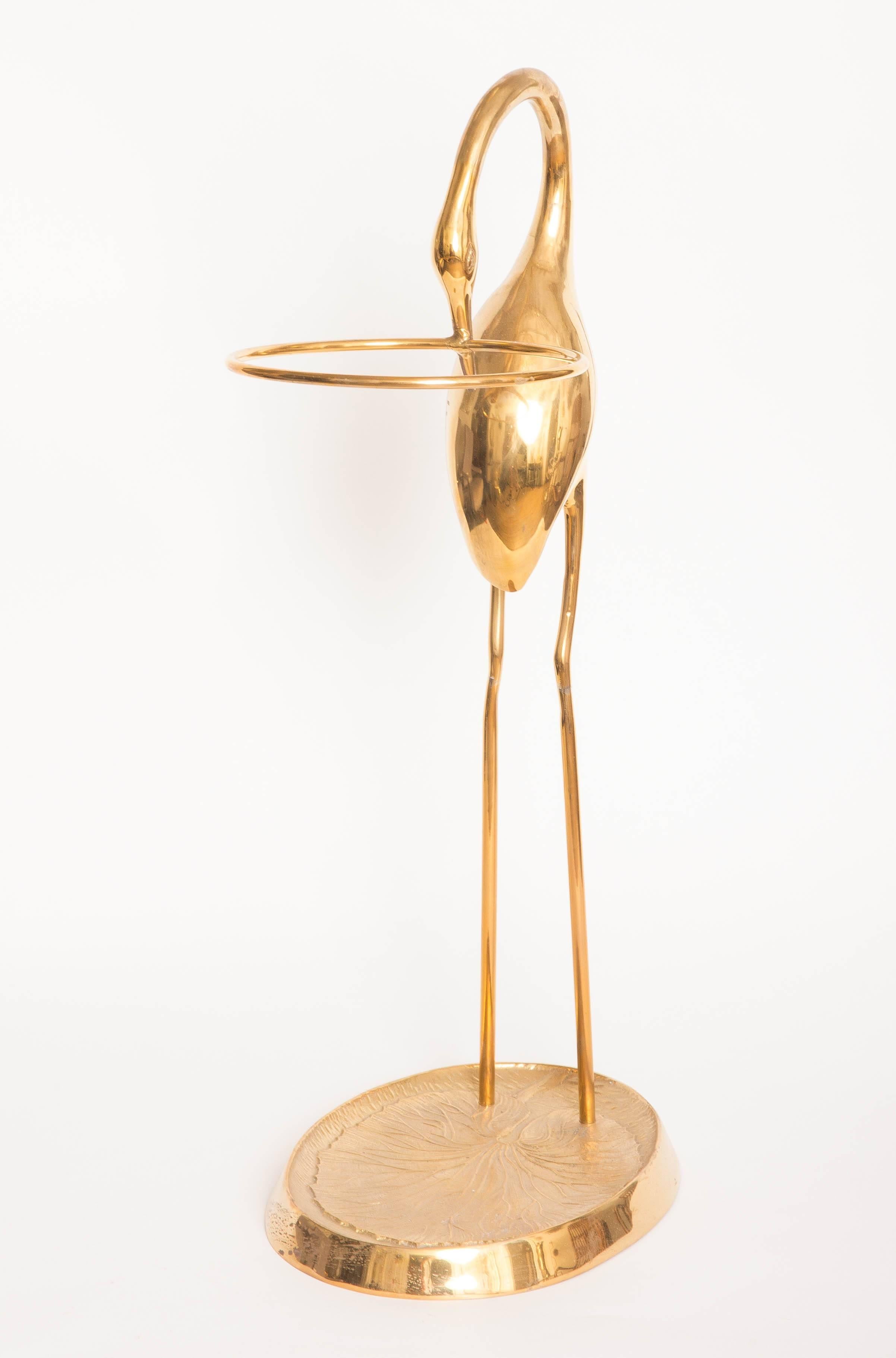 Brass Sculptured Heron Form Umbrella Stand In Excellent Condition In Bridgehampton, NY