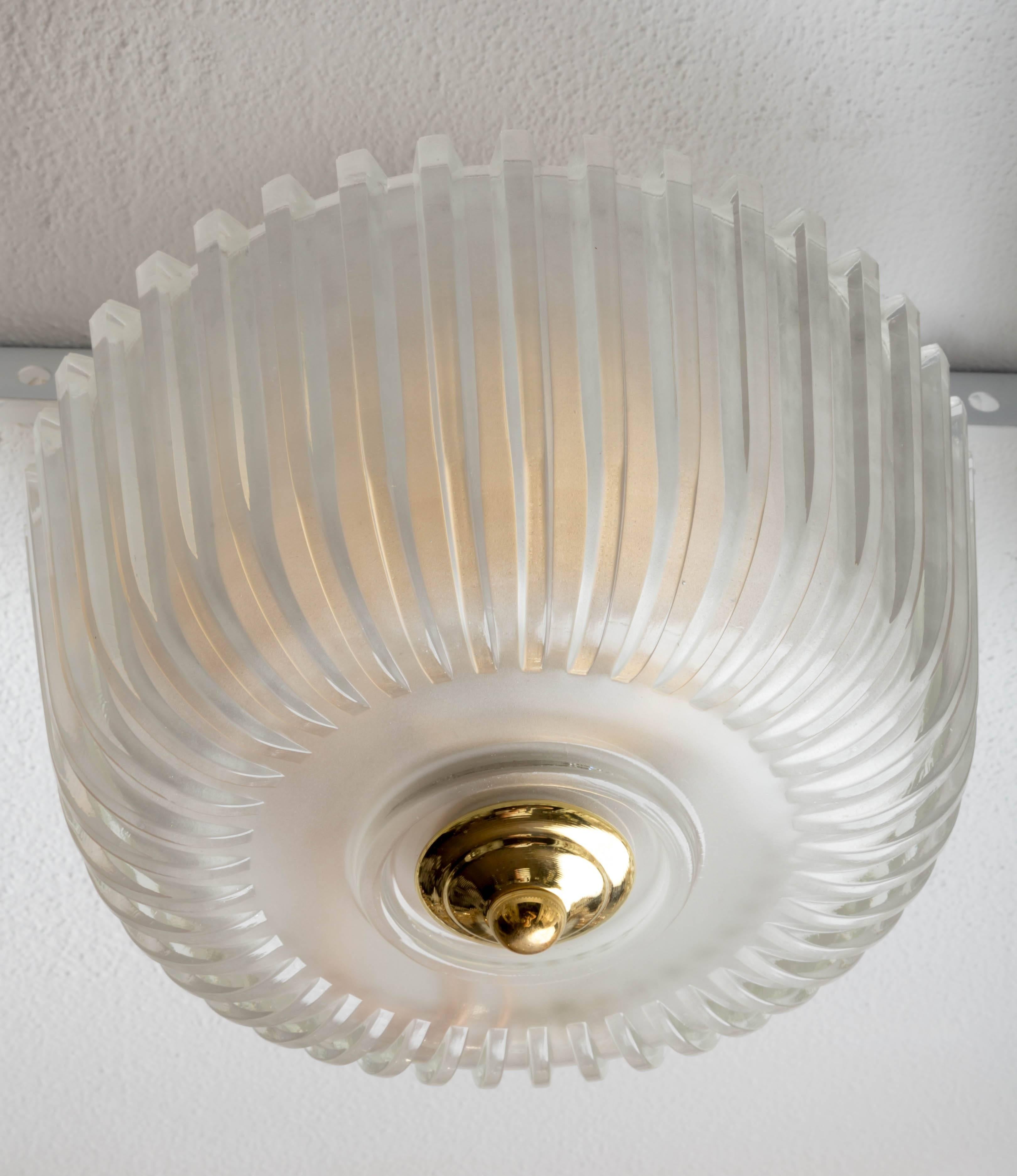 Mid-Century Modern Fluted Frosted Glass Flush Mount Ceiling Fixture with Brass Detail
