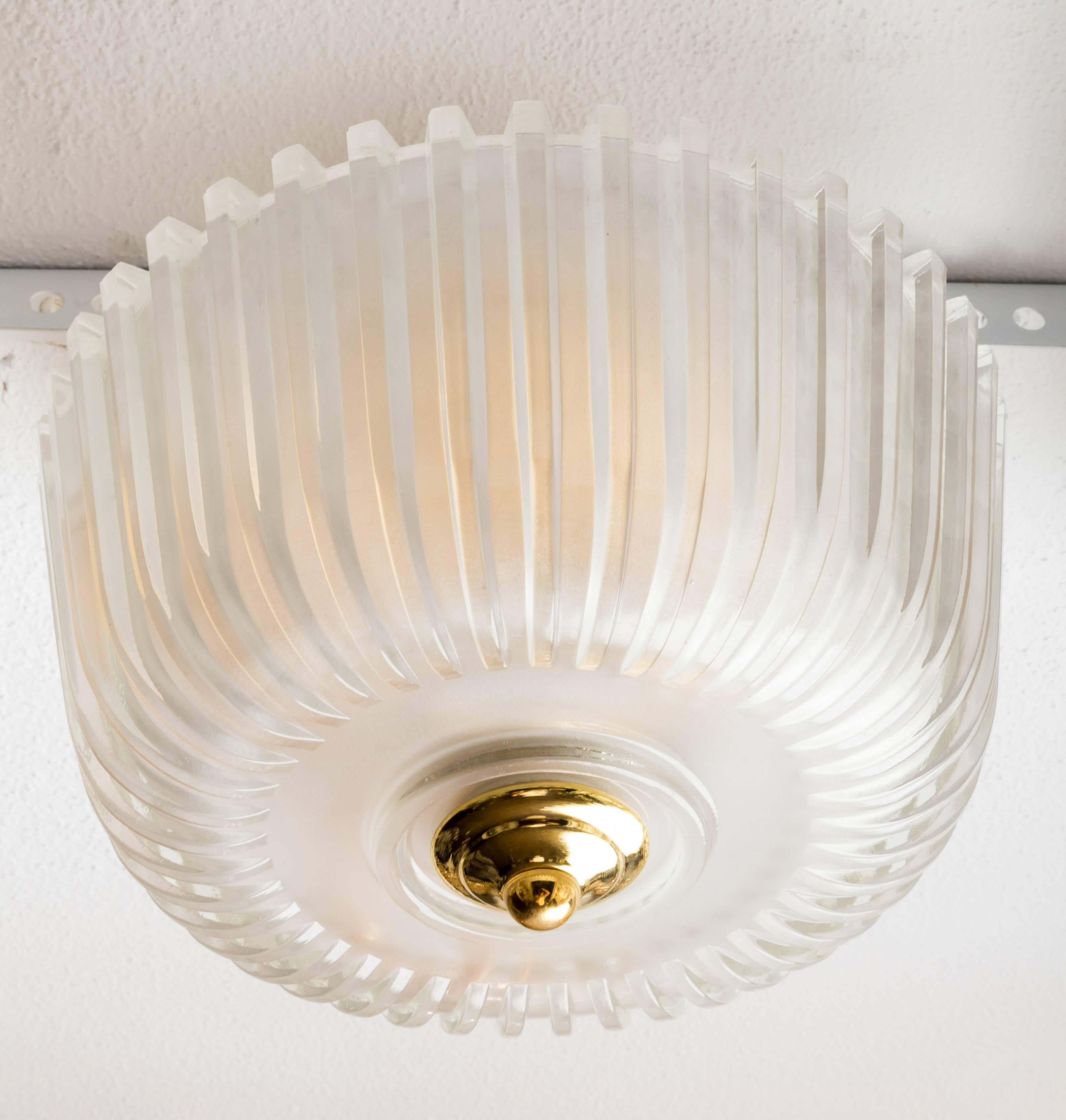Italian Fluted Frosted Glass Flush Mount Ceiling Fixture with Brass Detail
