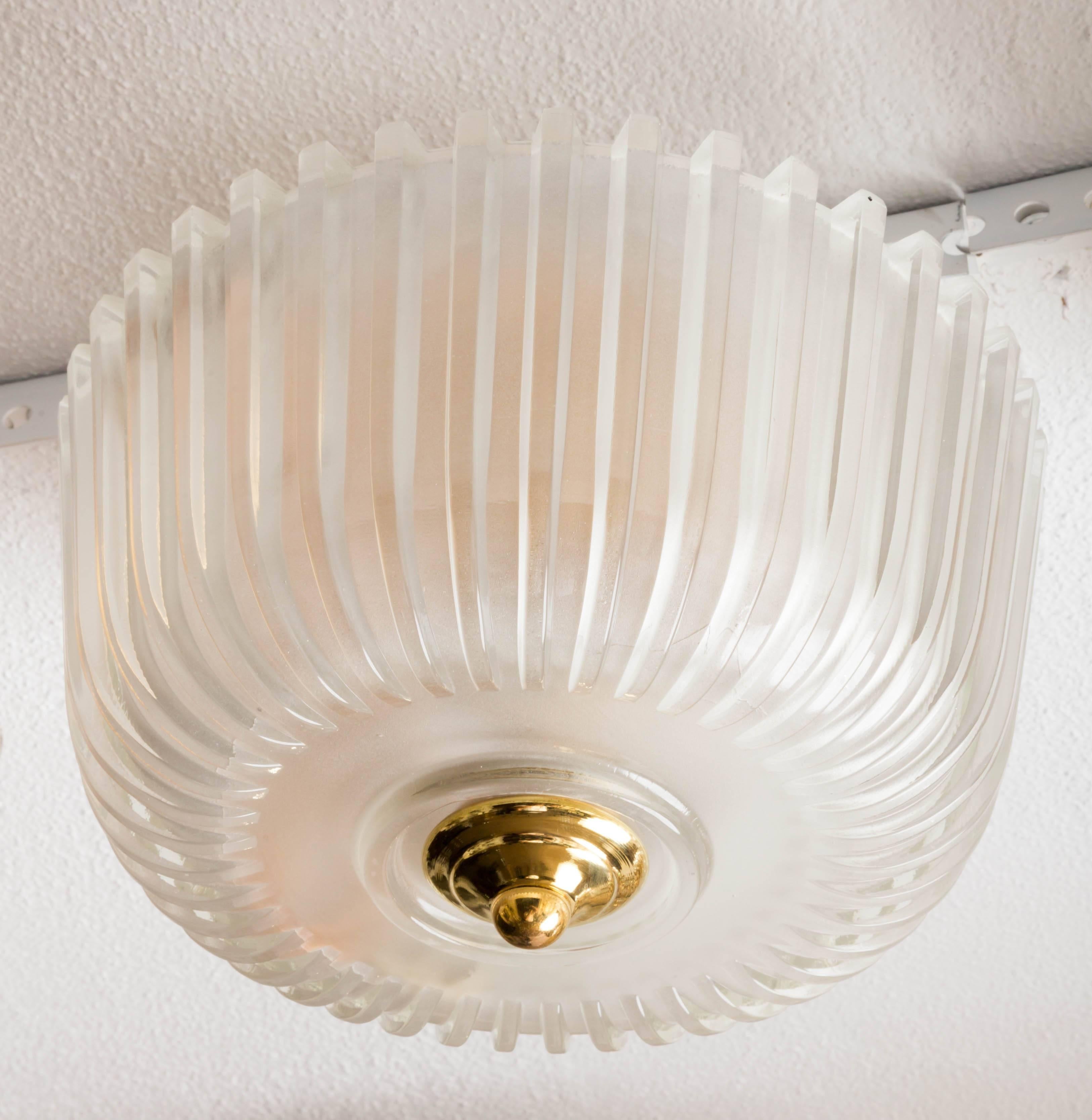 Fluted Frosted Glass Flush Mount Ceiling Fixture with Brass Detail In Good Condition In Bridgehampton, NY