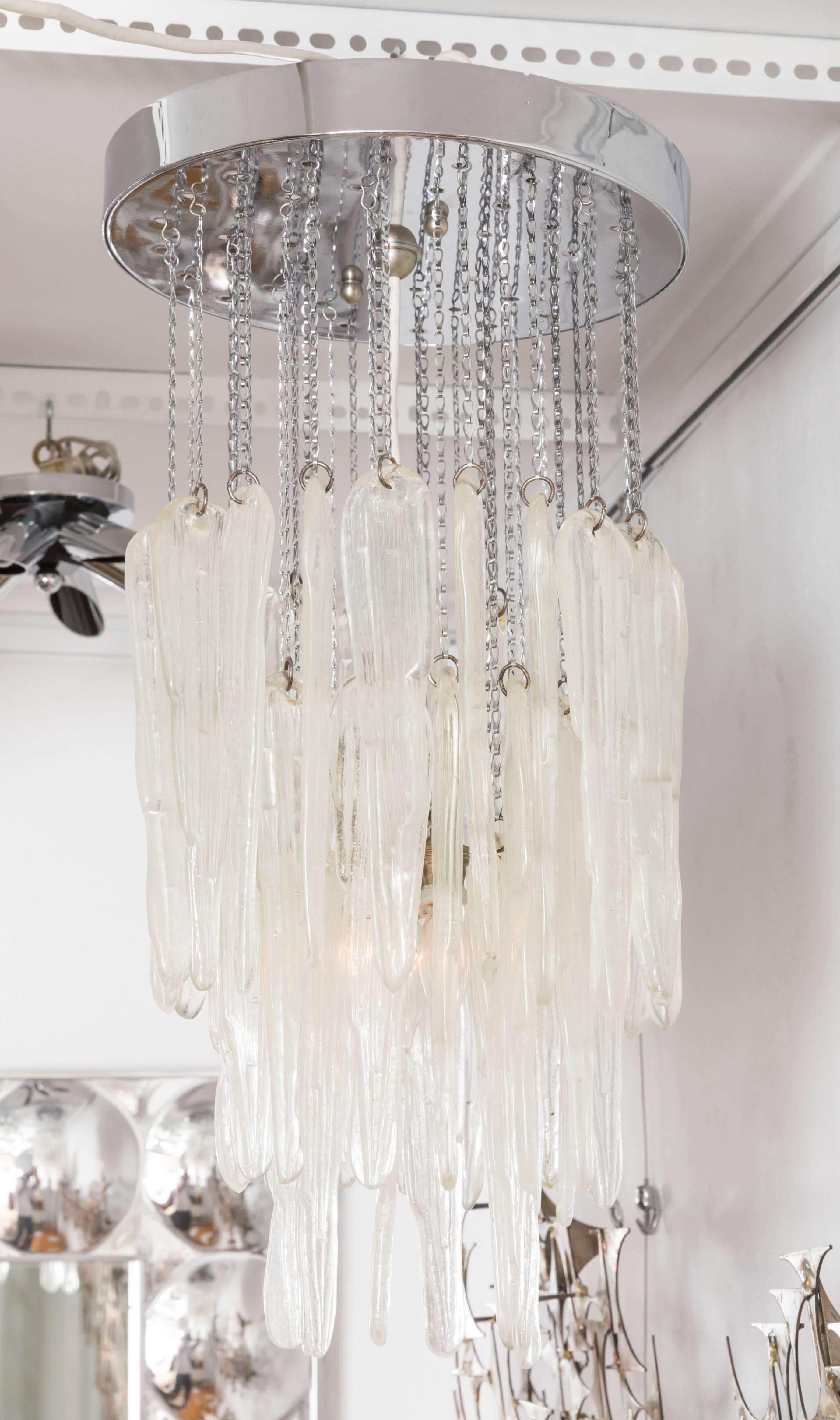 Mid-Century Modern Glass Icicle Chandelier with Chrome Detail