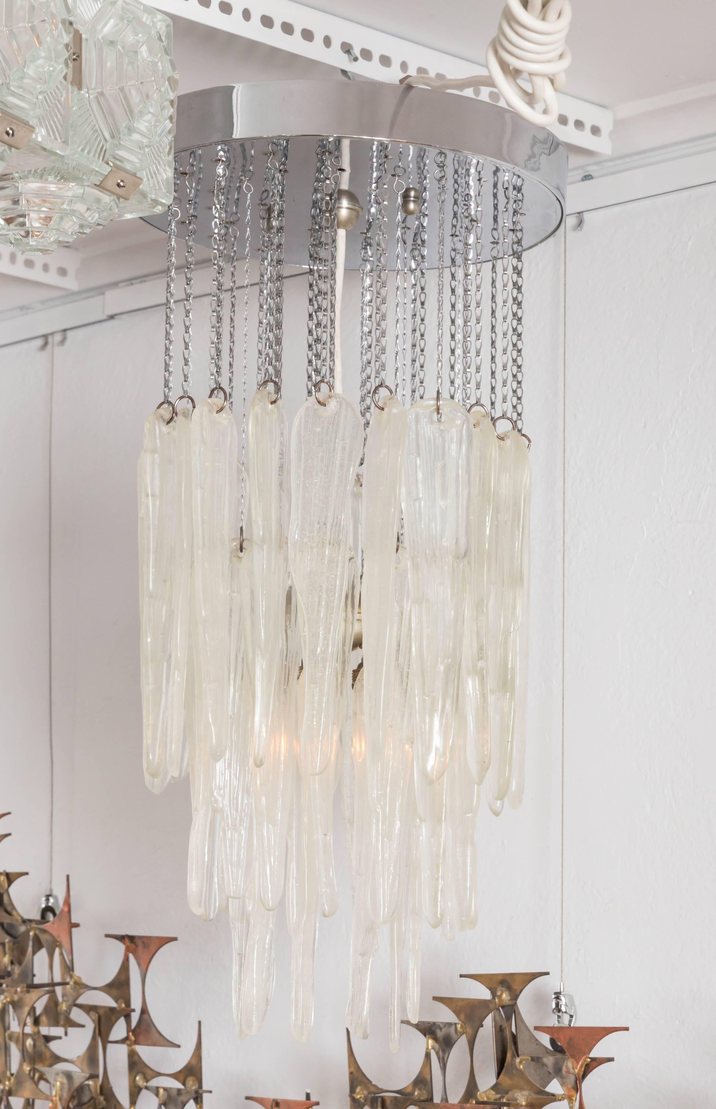 Glass Icicle Chandelier with Chrome Detail In Excellent Condition In Bridgehampton, NY