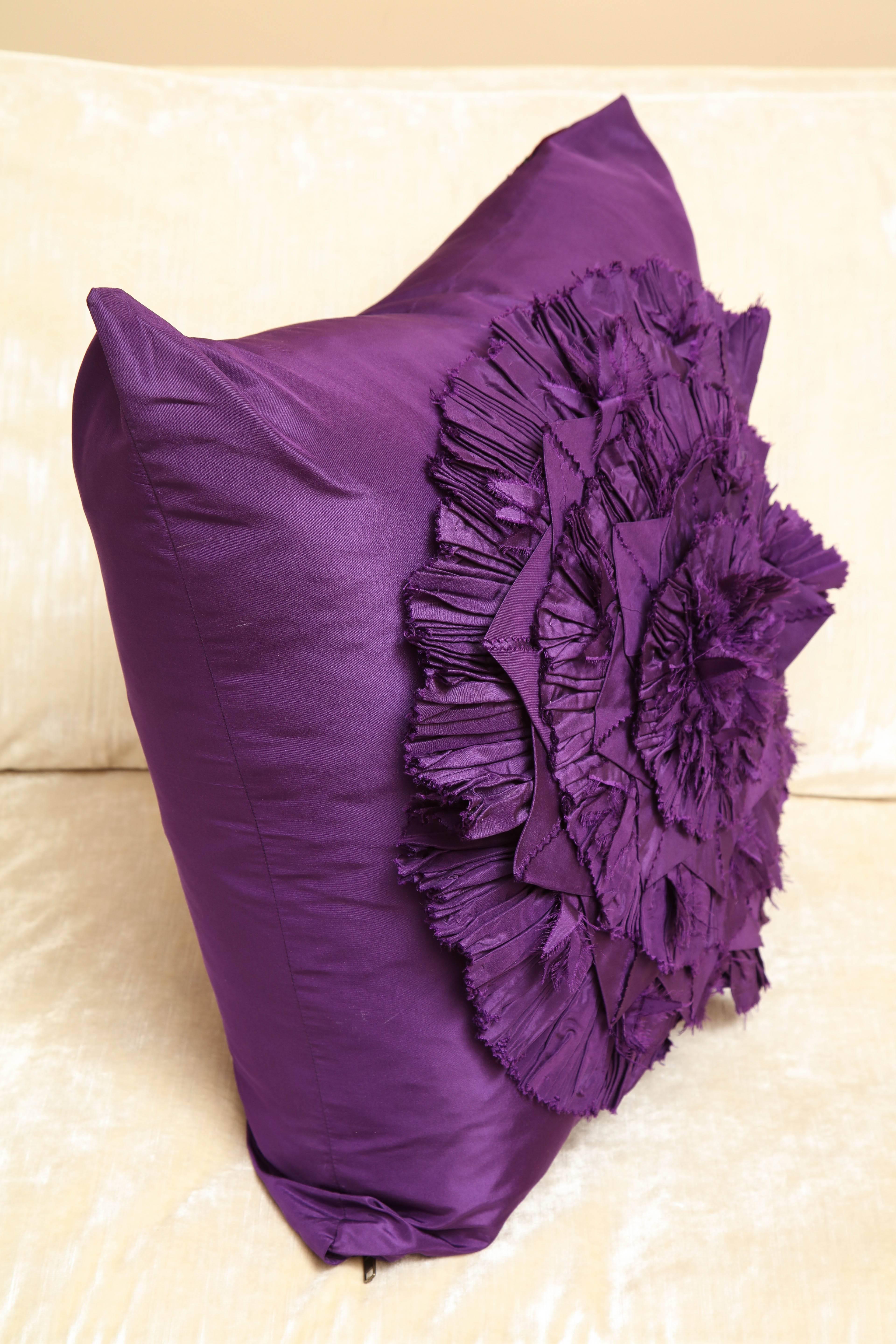 American Lili Piazza Large Modern Purple Distressed Floral Pillow For Sale