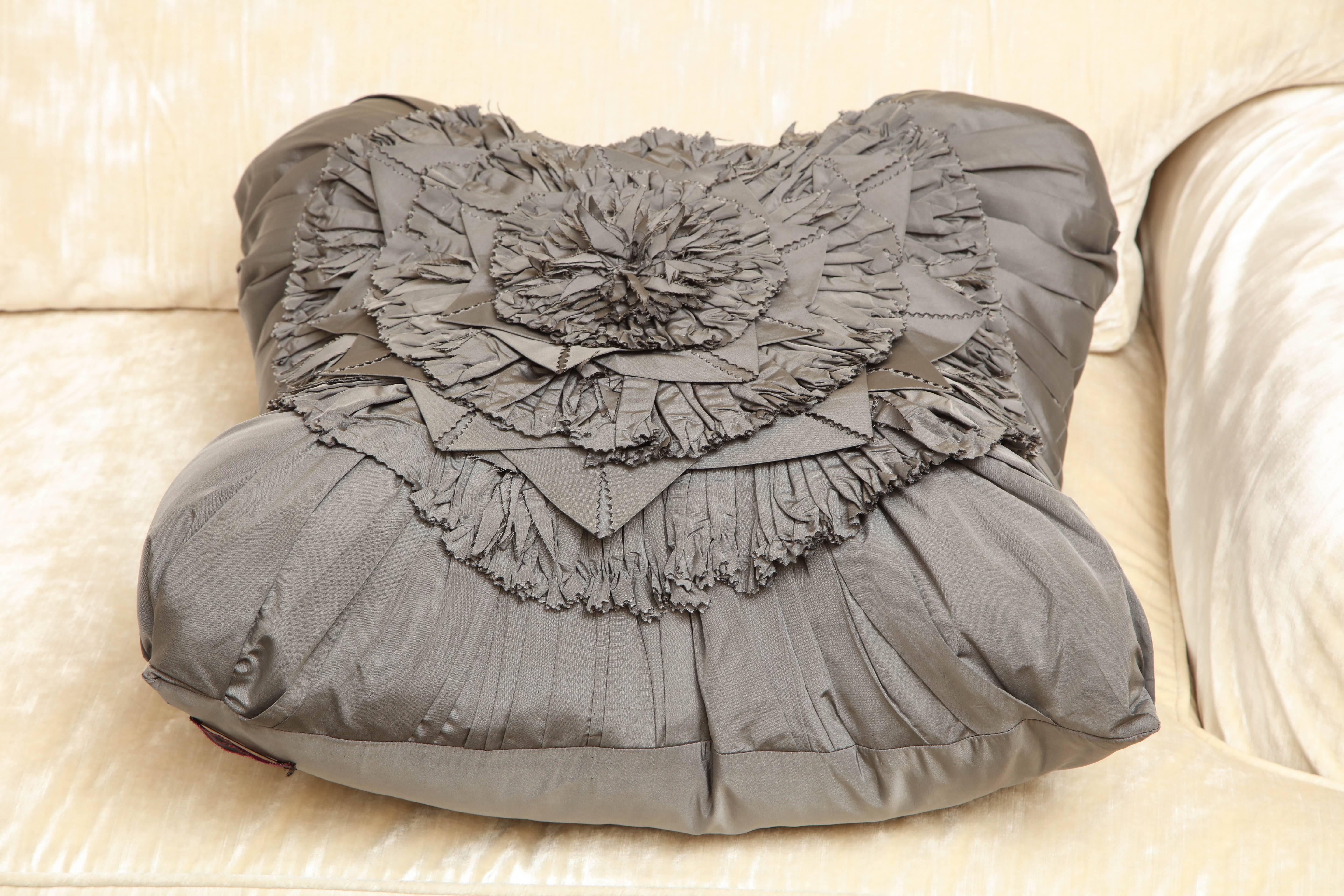 Lili Piazza Large Modern Gray Distressed Floral Pillow For Sale 1