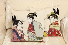 Pair of Jules Pansu Four Japanese Women Tapestry Square Pillows