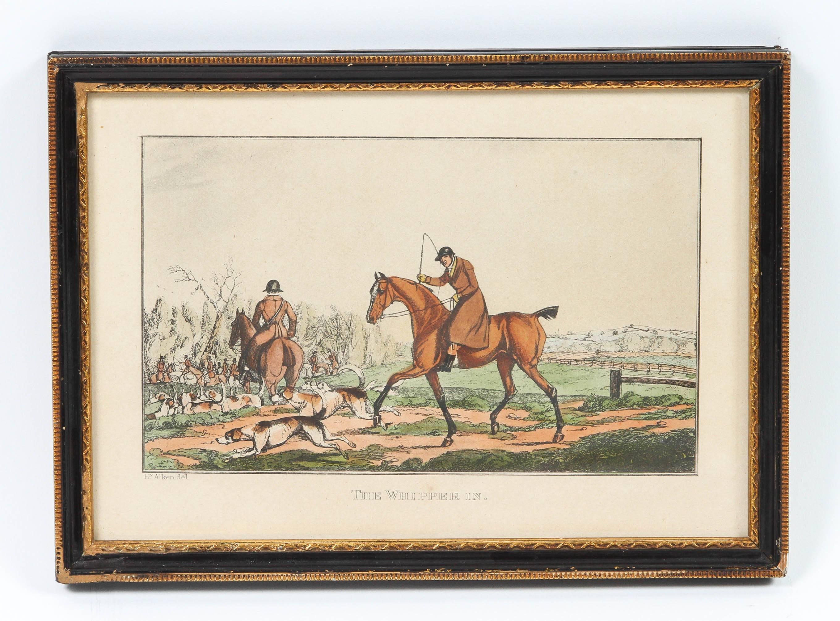 Pair of framed 19th century hand-colored copper engravings of equestrian scenes, circa 1820 by Henry Alken.

Print one titled "The Whipper In"
Print two titled "Gone Away".


 