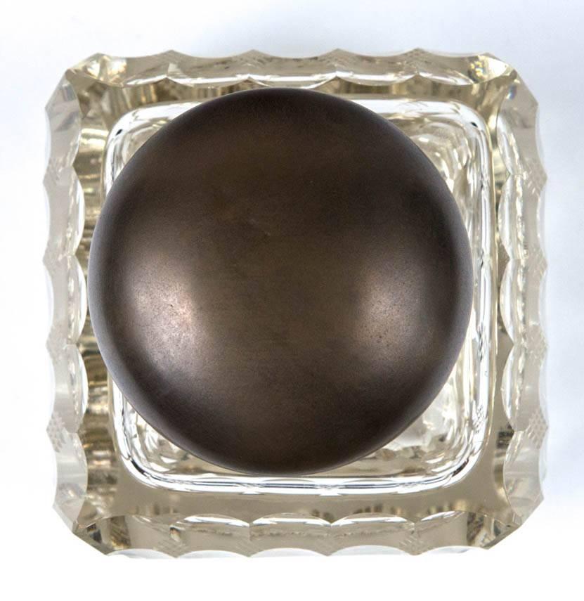 Cristal Antique 1890 Grand encrier américain en cristal taillé avec collier en métal/insert en verre