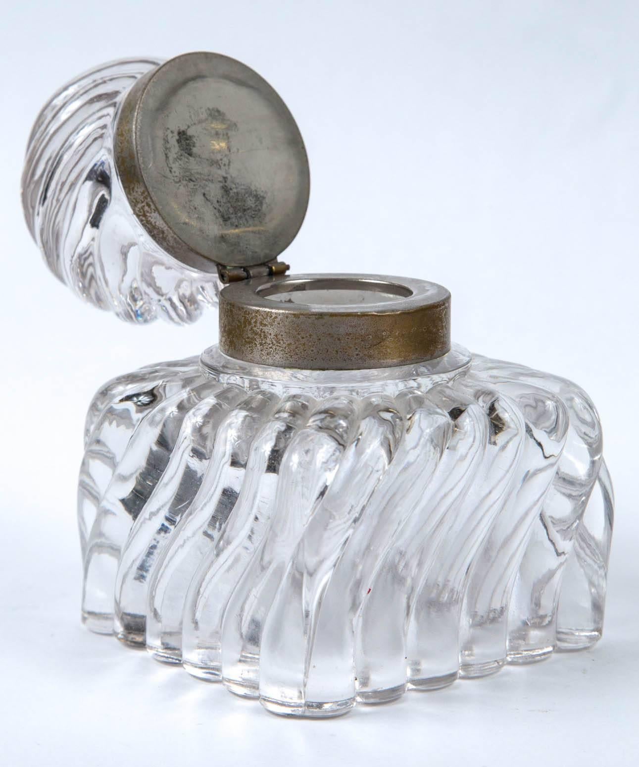 Early 19th Century Swirl Design Cut Crystal Pewter Collar Inkwell 2