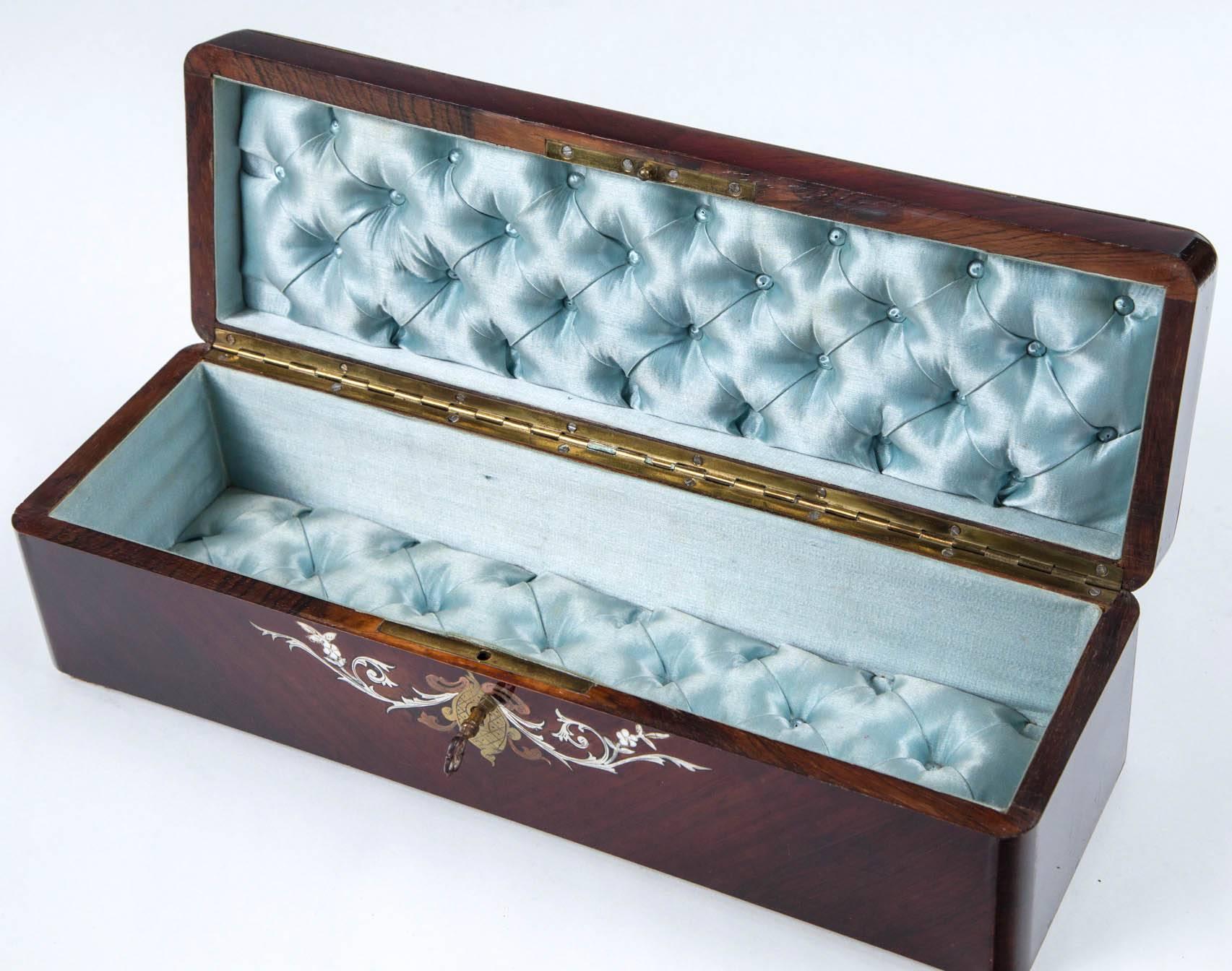 Antique English 1860 Rosewood Glove Box Mother-of-Pearl and Fan In Fair Condition In Stamford, CT