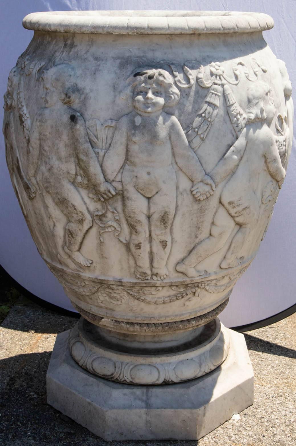 Pair of Large Antique Italian Marble Urns with Dancing Cherubs For Sale 2