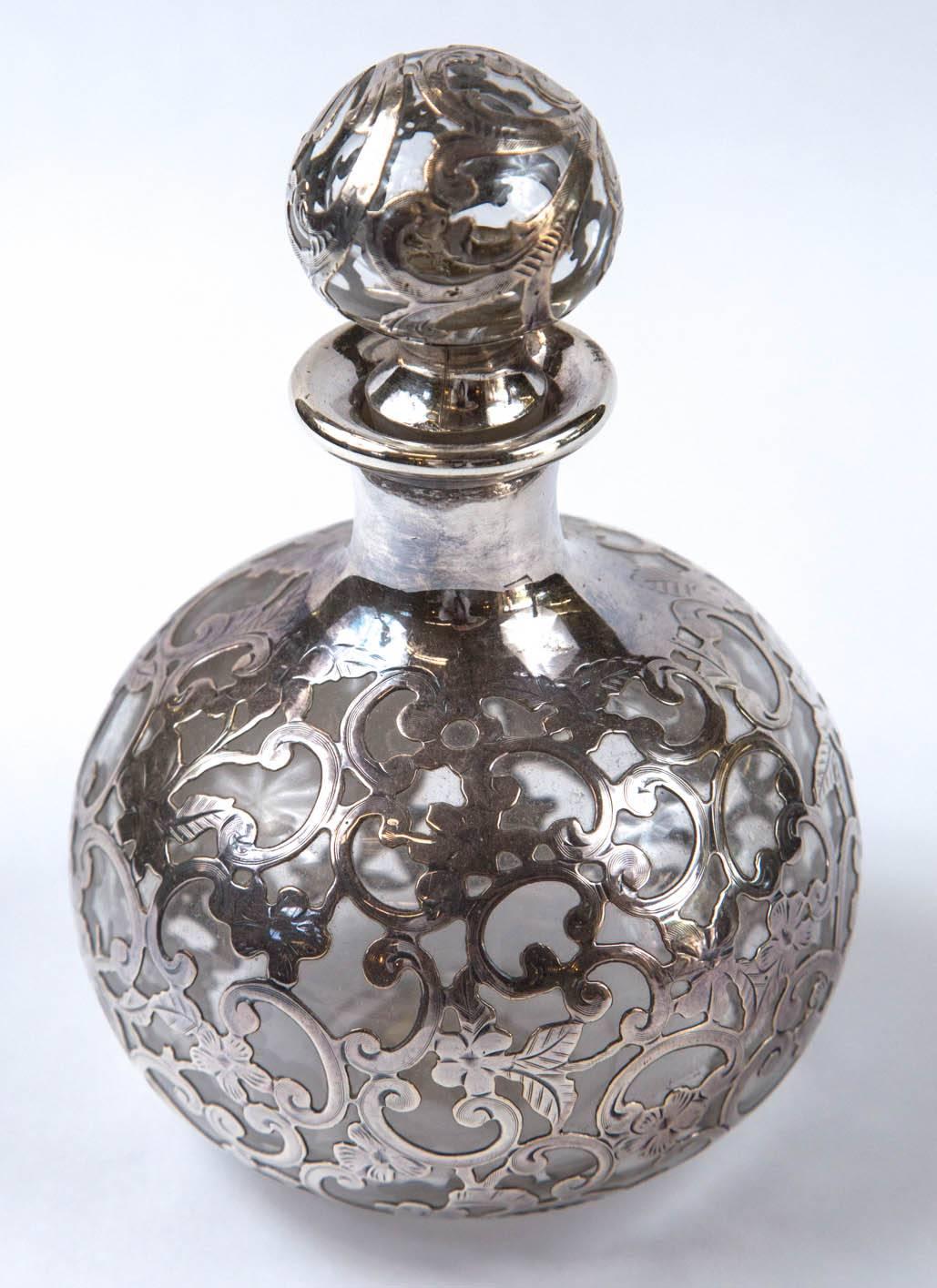 North American Antique Sterling Silver Overlay Perfume Bottle Monogrammed