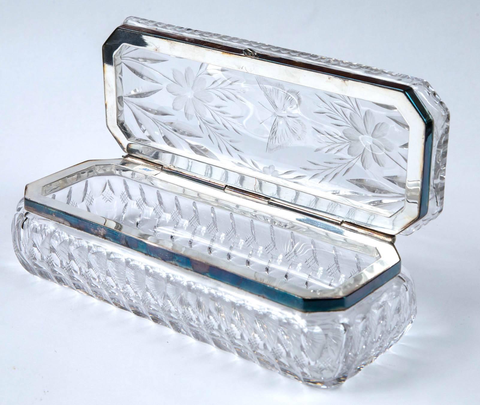 American 1880 Antique Crystal Glove Box Sterling Silver Trim Collar Butterfly Print