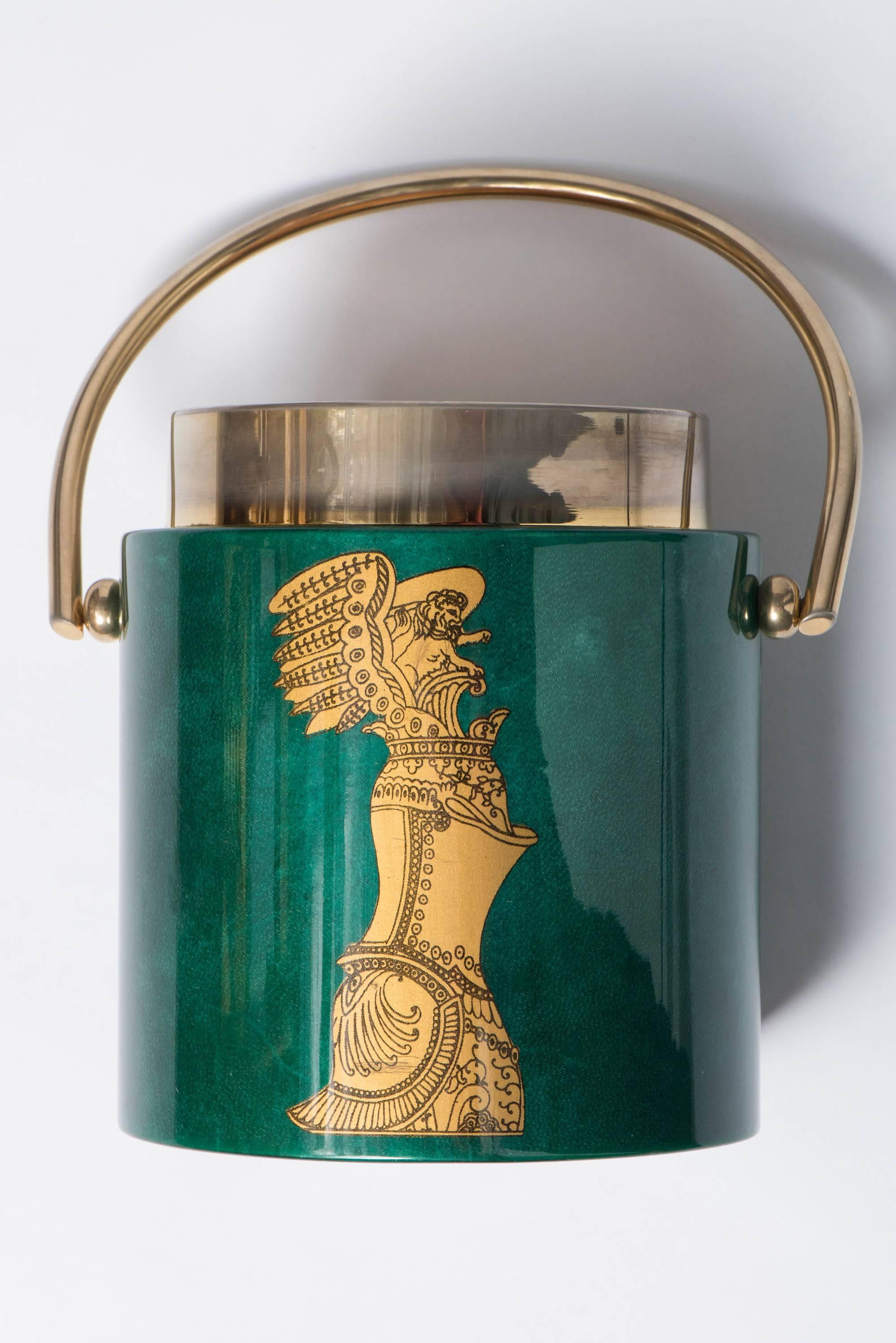 Metal Aldo Tura green lacquered parchment ice bucket, Italy, circa 1940