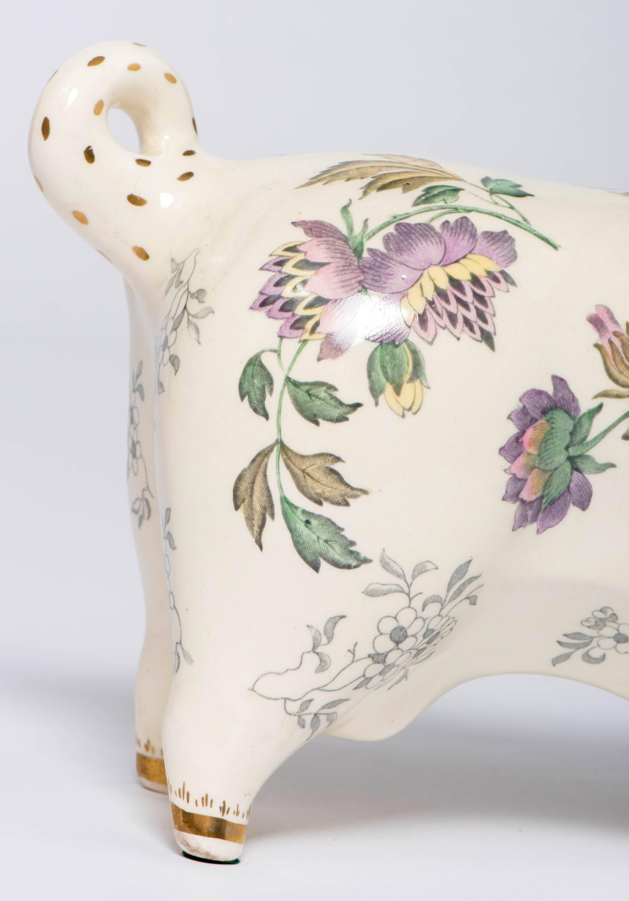 Mid-20th Century Arnold Nachin earthenware bull with flower decorations, England circa 1950