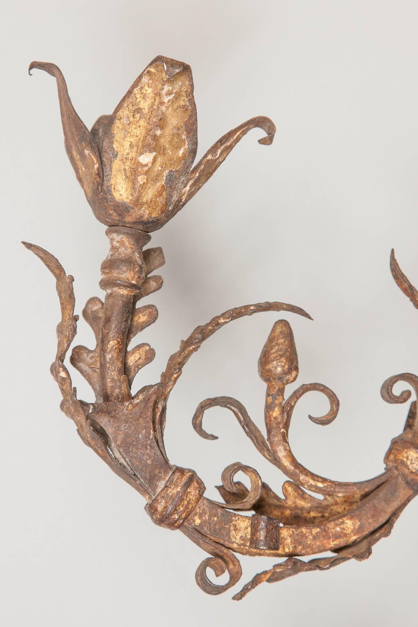 Delightful and rare set of two Italian gilded wrought iron (possibly piedmont) wall lights featuring the original gilding.
They consist of four arms (17th century) which have been later (19th-20th century) mounted on a leaves shaped base for wall