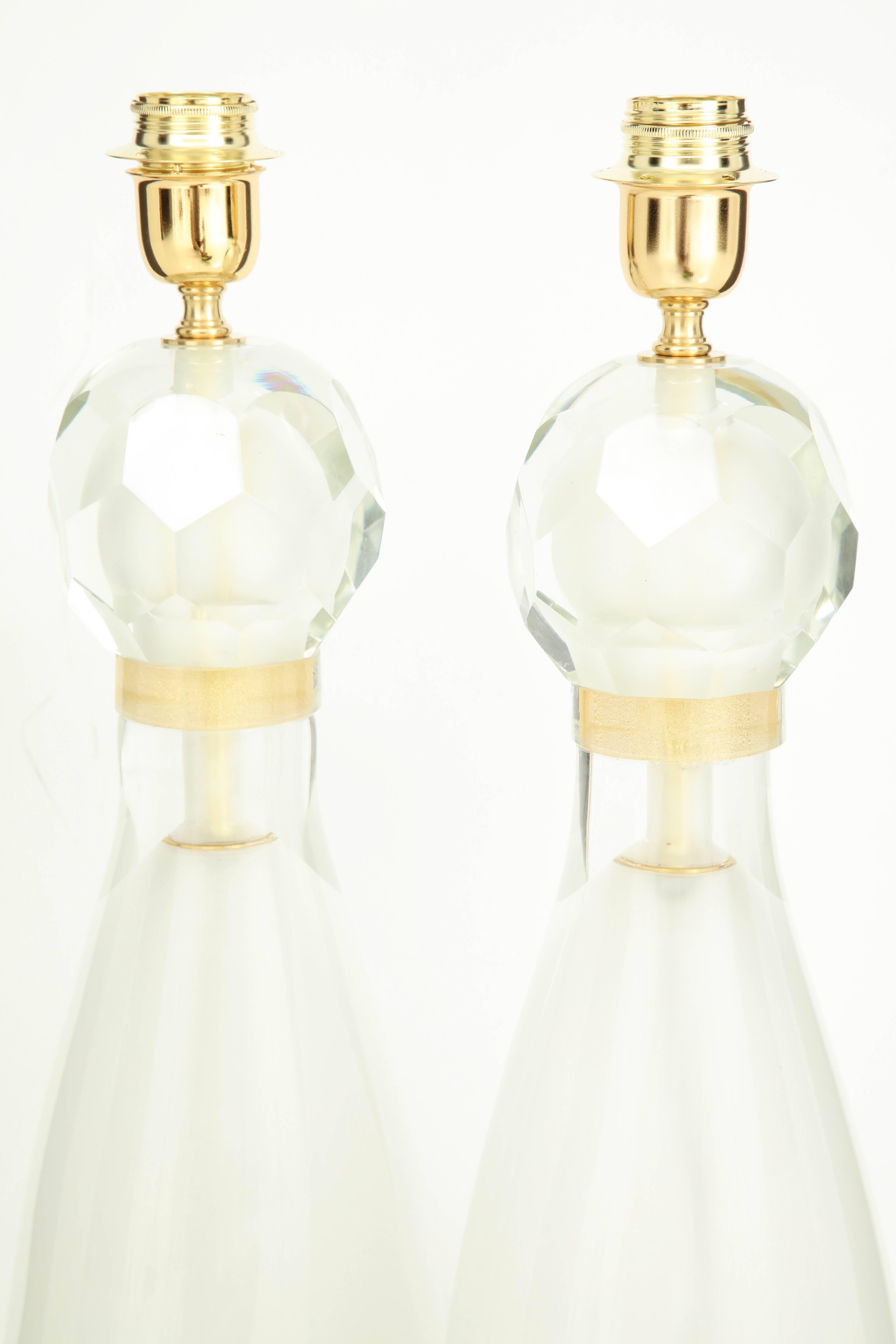 Pair of Italian Ivory and Gold Murano Glass Lamps, Signed 3