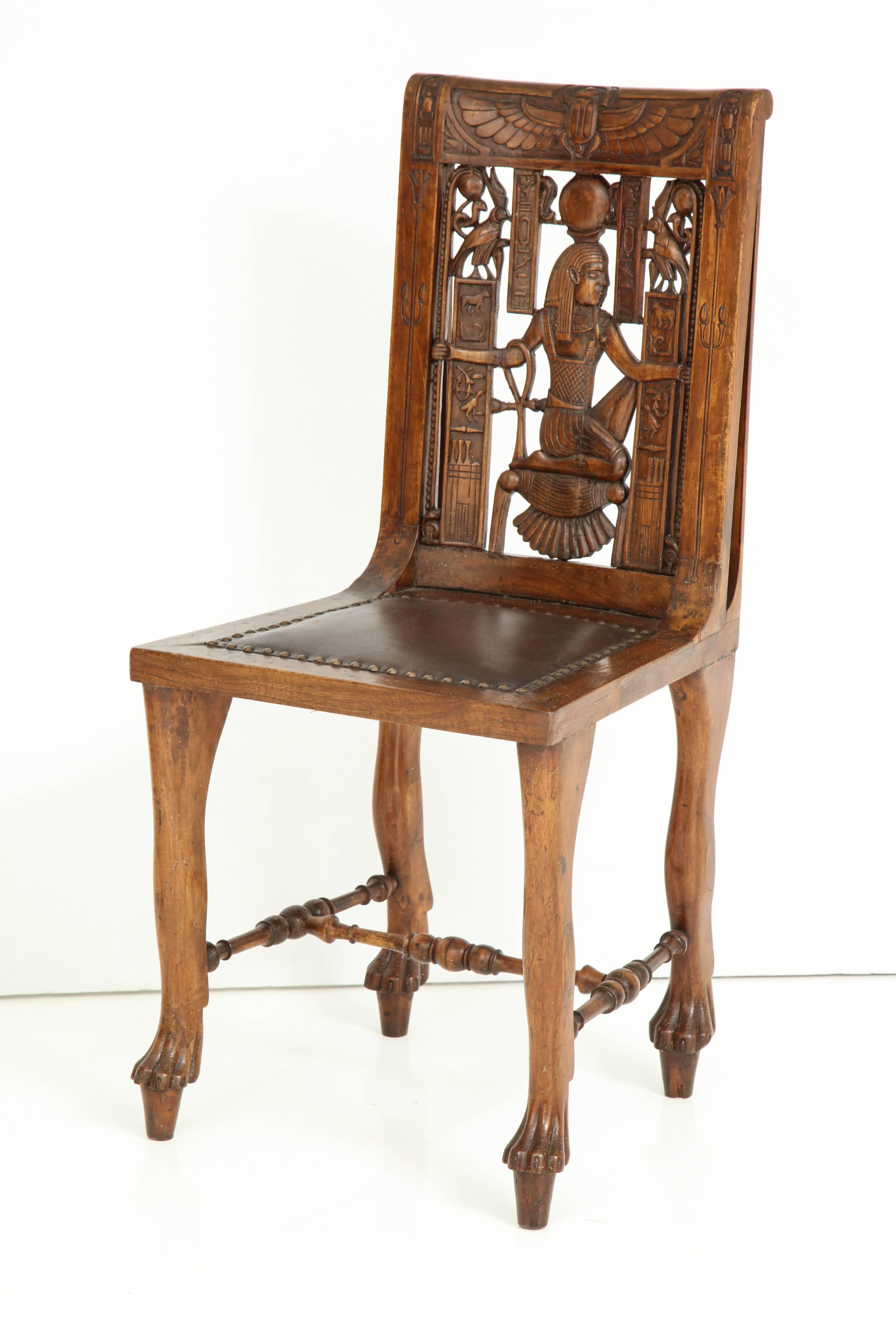 European Pair of Egyptian Revival Fruitwood Side Chairs, circa 1900