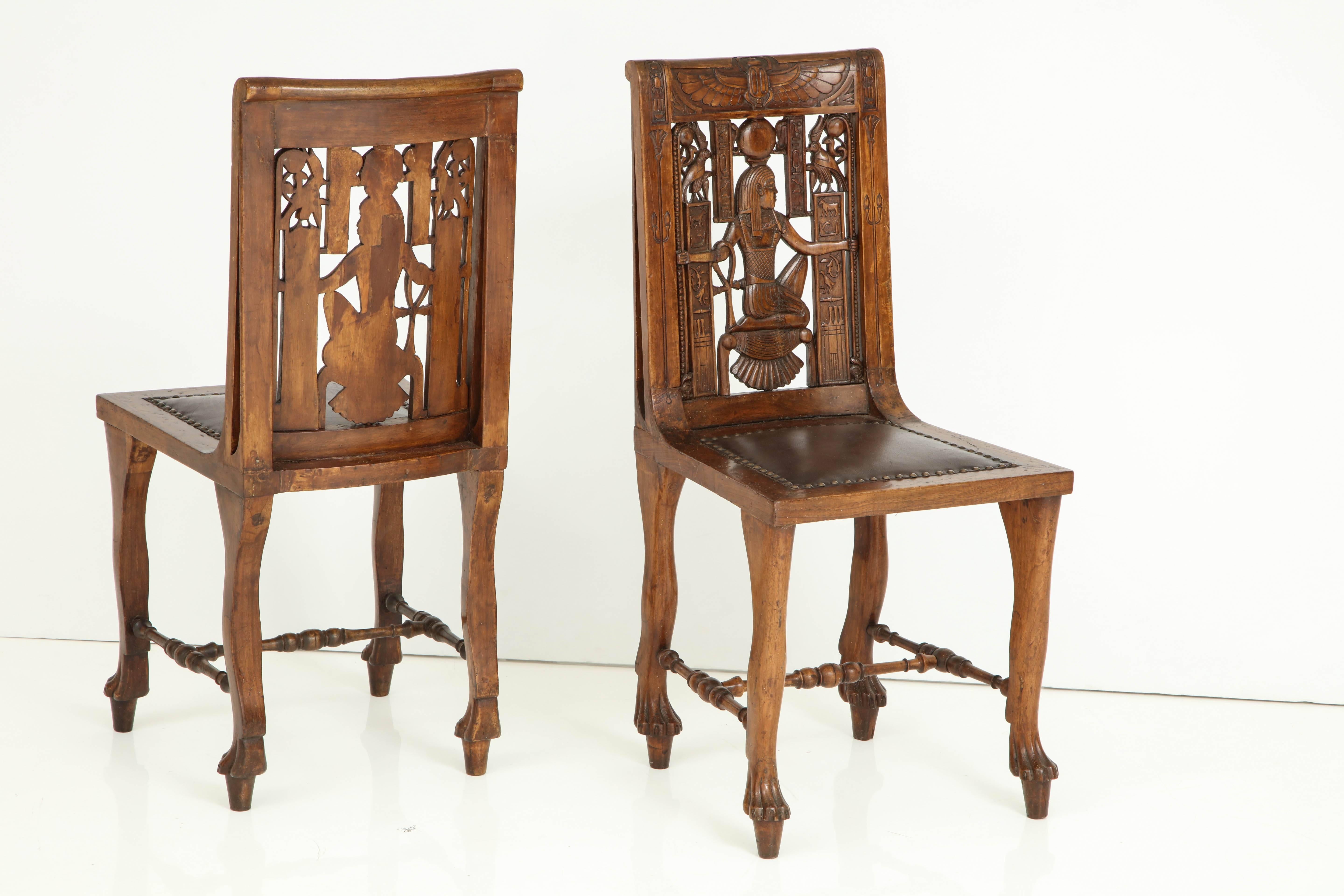 Pair of Egyptian Revival Fruitwood Side Chairs, circa 1900 2