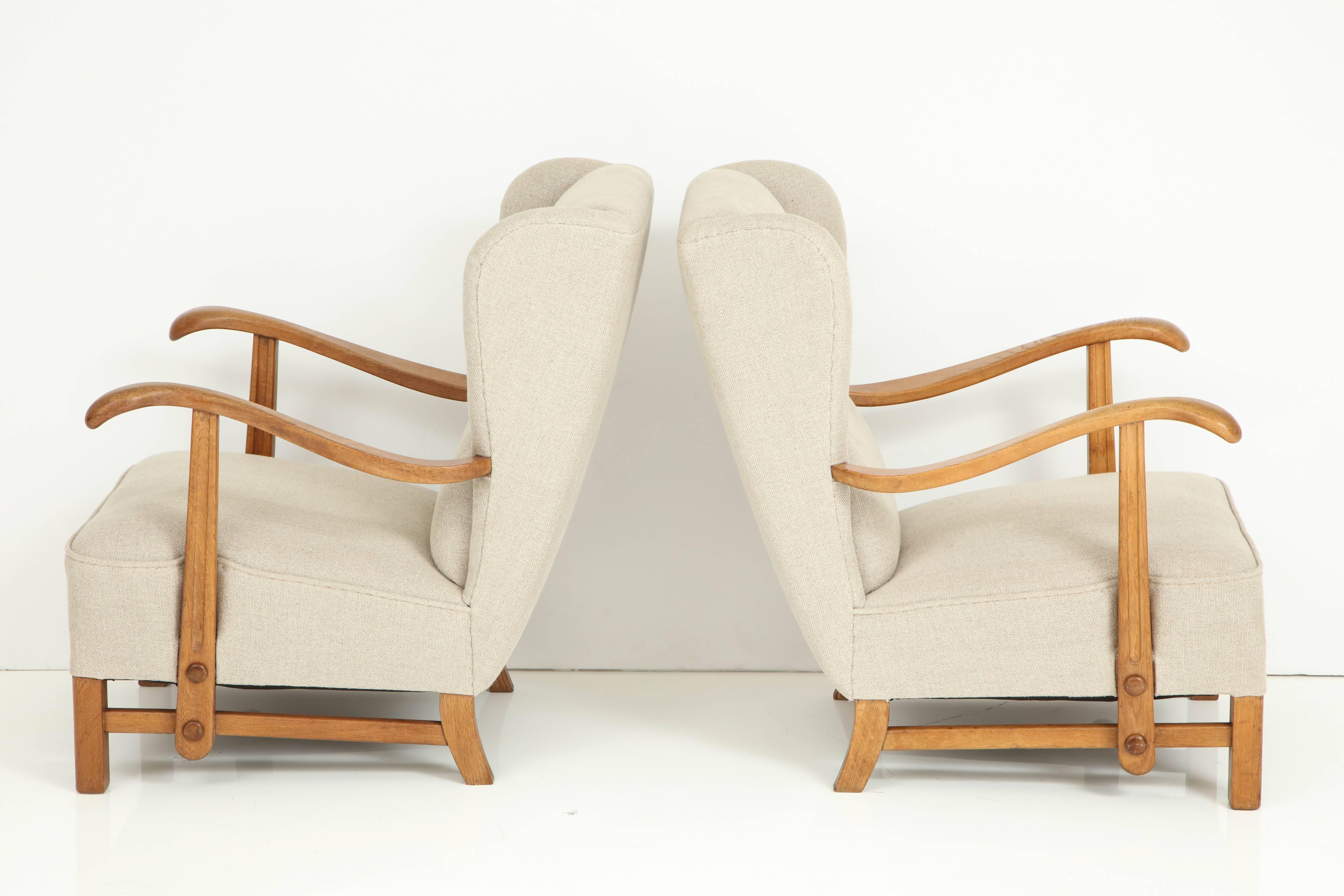 Scandinavian Modern Pair of Danish Oak and Upholstered Open Armchairs, circa 1940s
