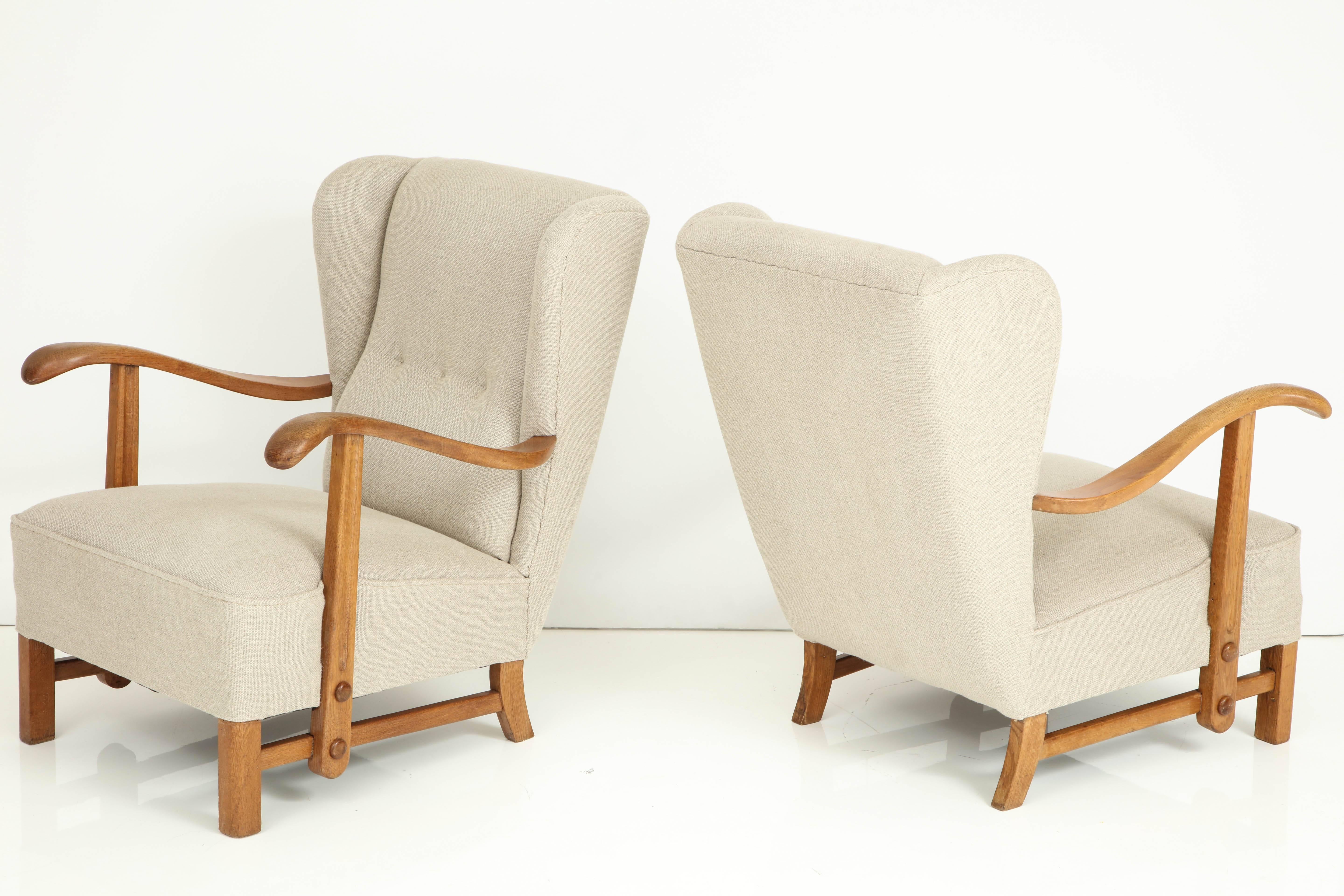 Pair of Danish Oak and Upholstered Open Armchairs, circa 1940s 2
