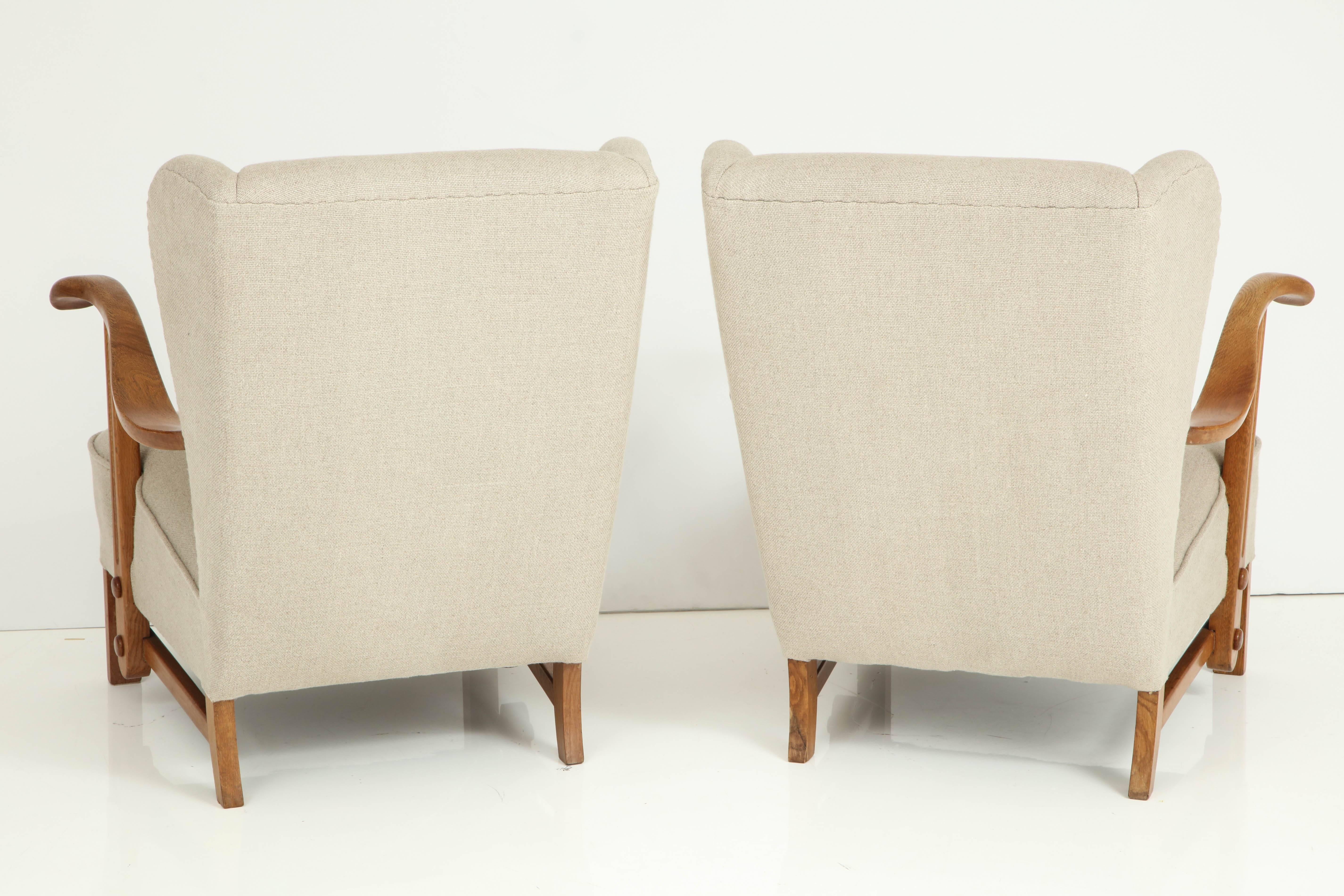 Pair of Danish Oak and Upholstered Open Armchairs, circa 1940s 3