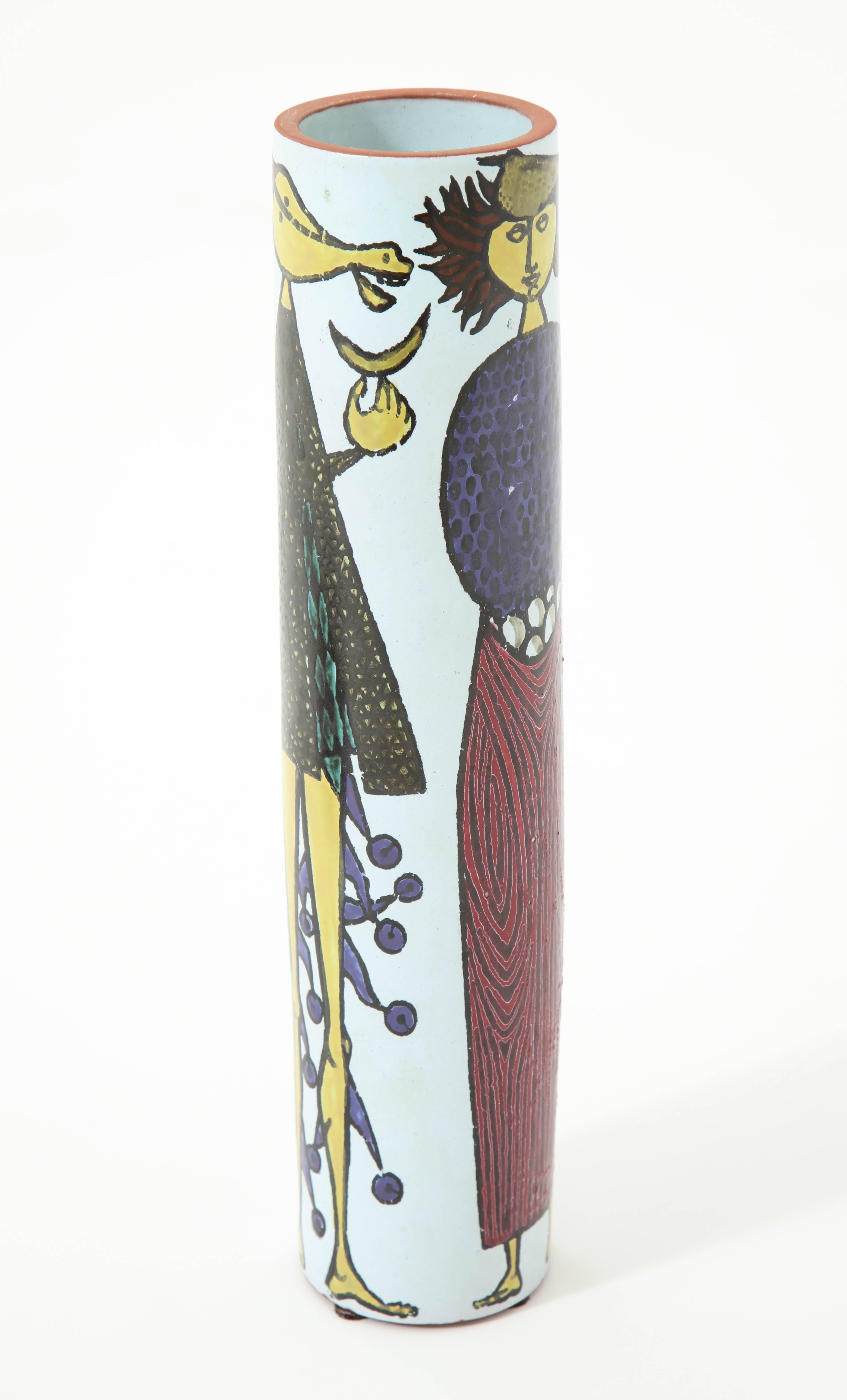Decorative tall, Mid-Century Modern art ceramic vase by Stig Lindberg, Sweden, circa 1950.
An artistic jack-of-all-trades, Stig Lindberg was accomplished in Industrial design, textile design, painting, illustration, glassblowing and ceramics. His