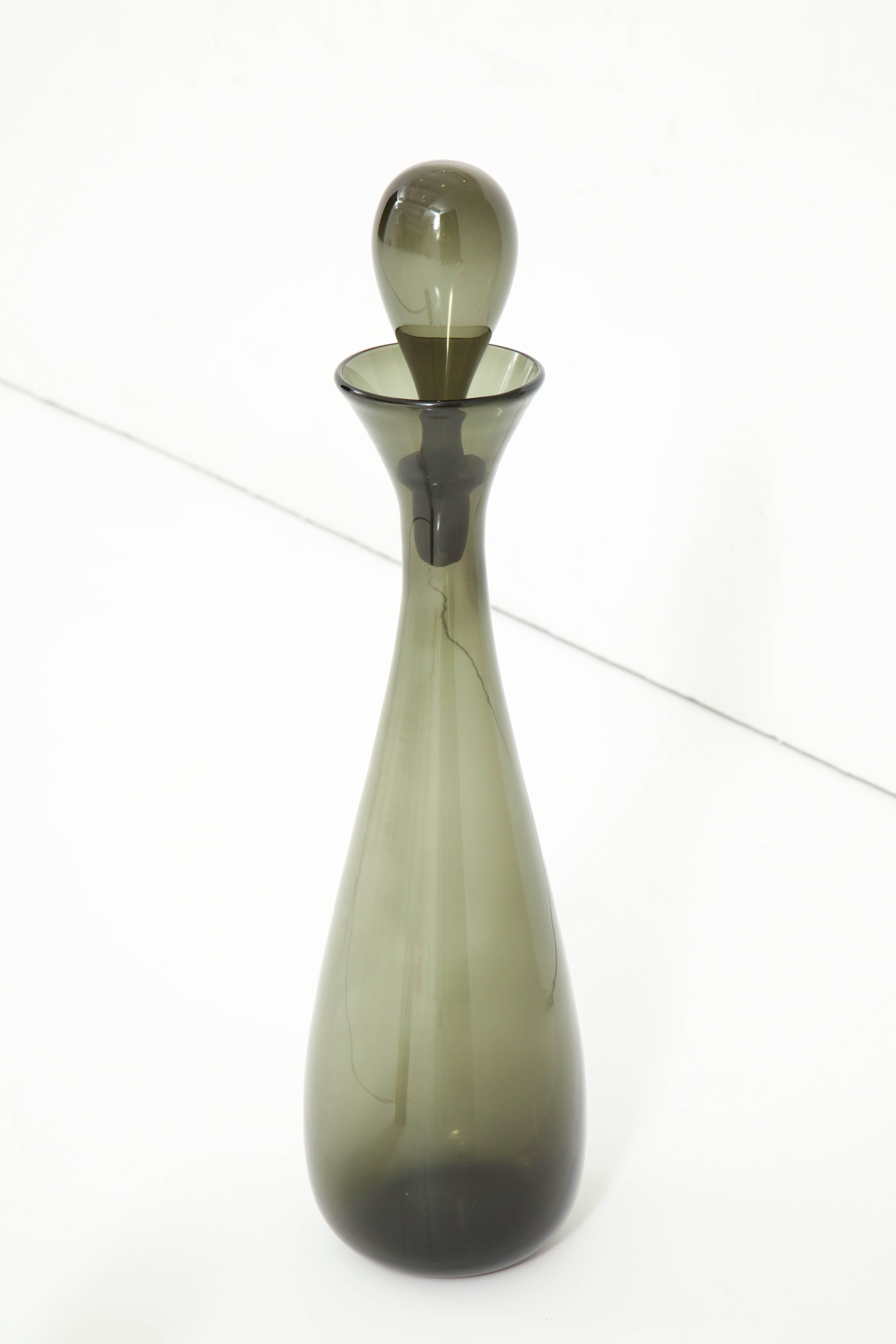Smoked Glass Glass Bottle, Midcentury, Grey Tall Glass Bottle, Italy, C 1950, Good Condition For Sale