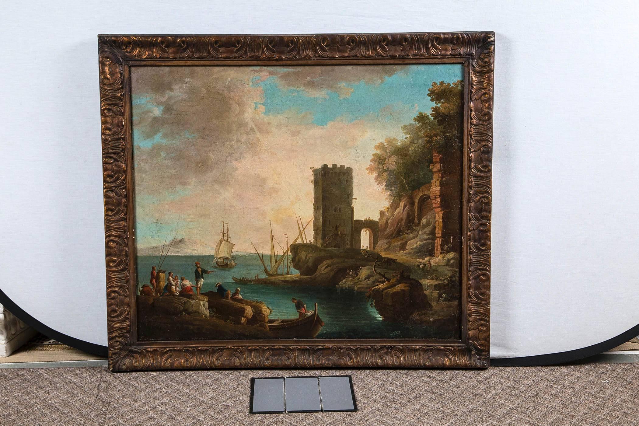 A rare circa 1700s old master painting depicting an ancient harbor scene.
 