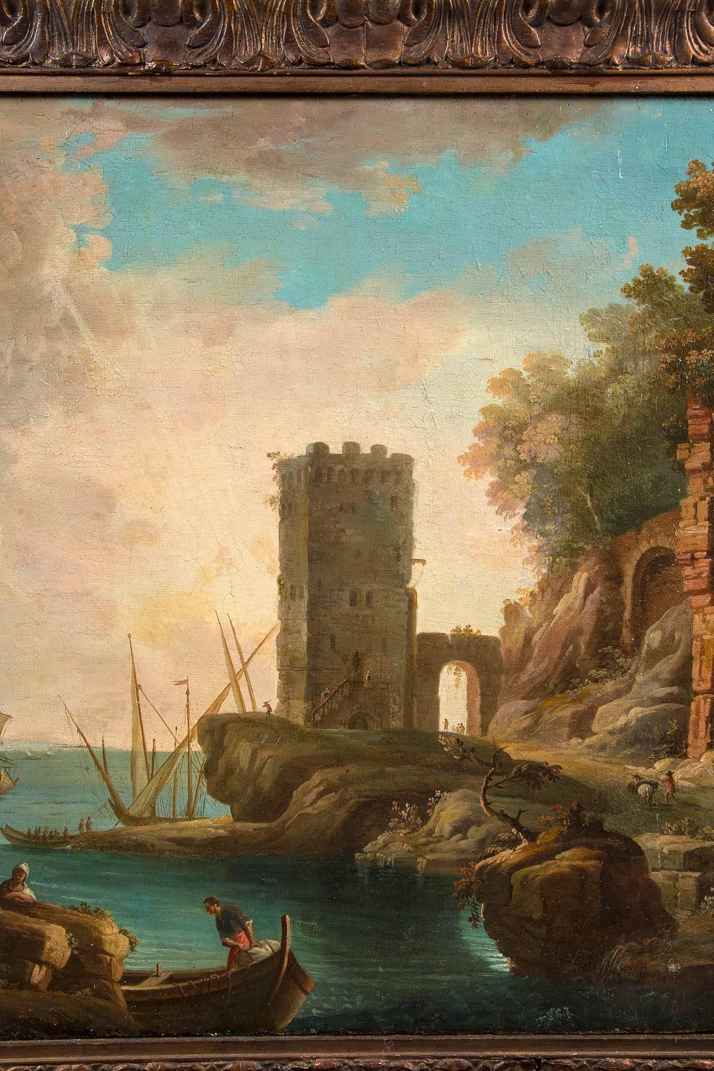 18th Century Italian Old Master Painting of Harbor Scene In Excellent Condition In Stamford, CT