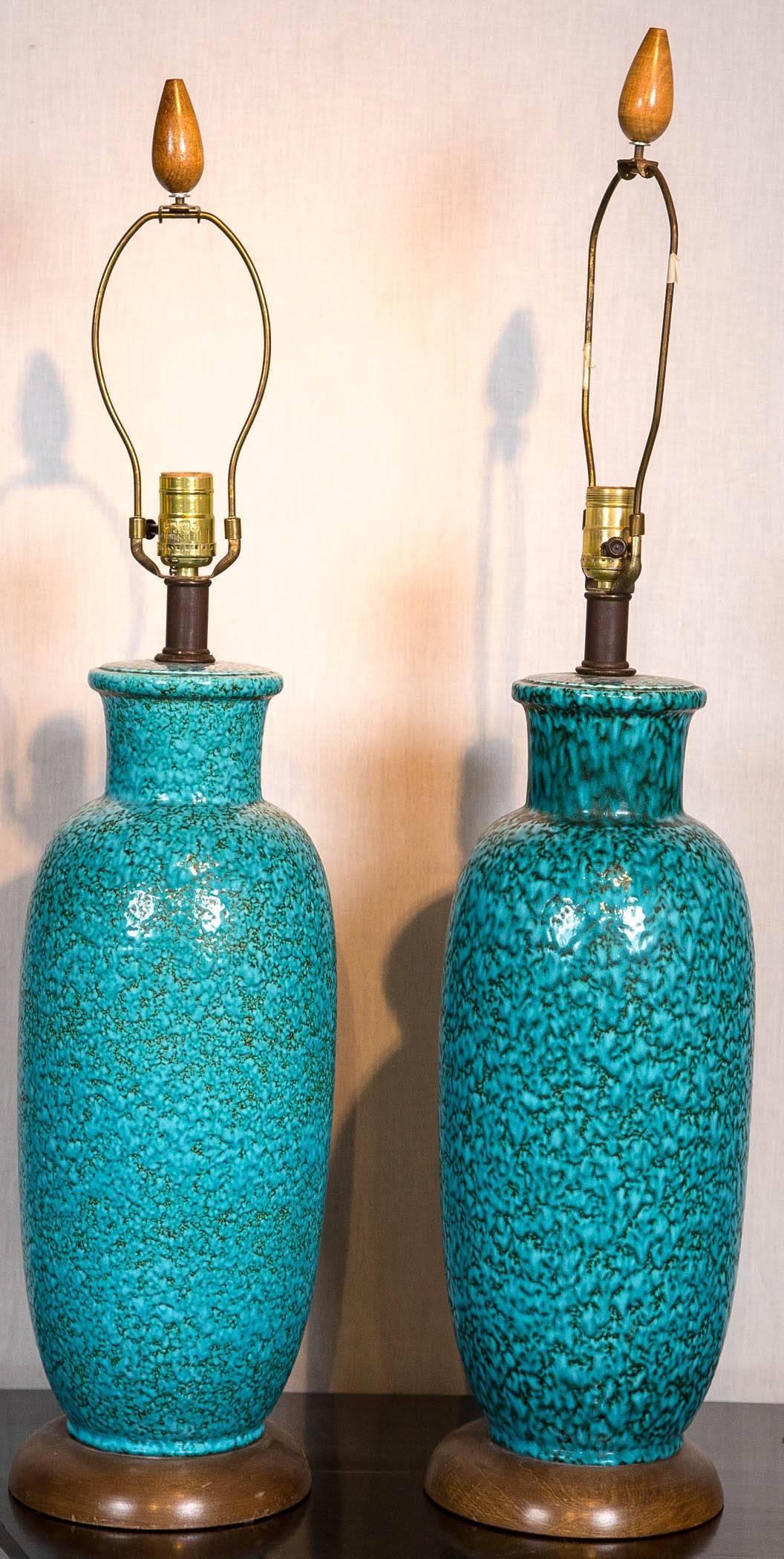 Nice pair of Italian ceramic mottled turquoise lamps, circa 1960s possibly by Gambone.