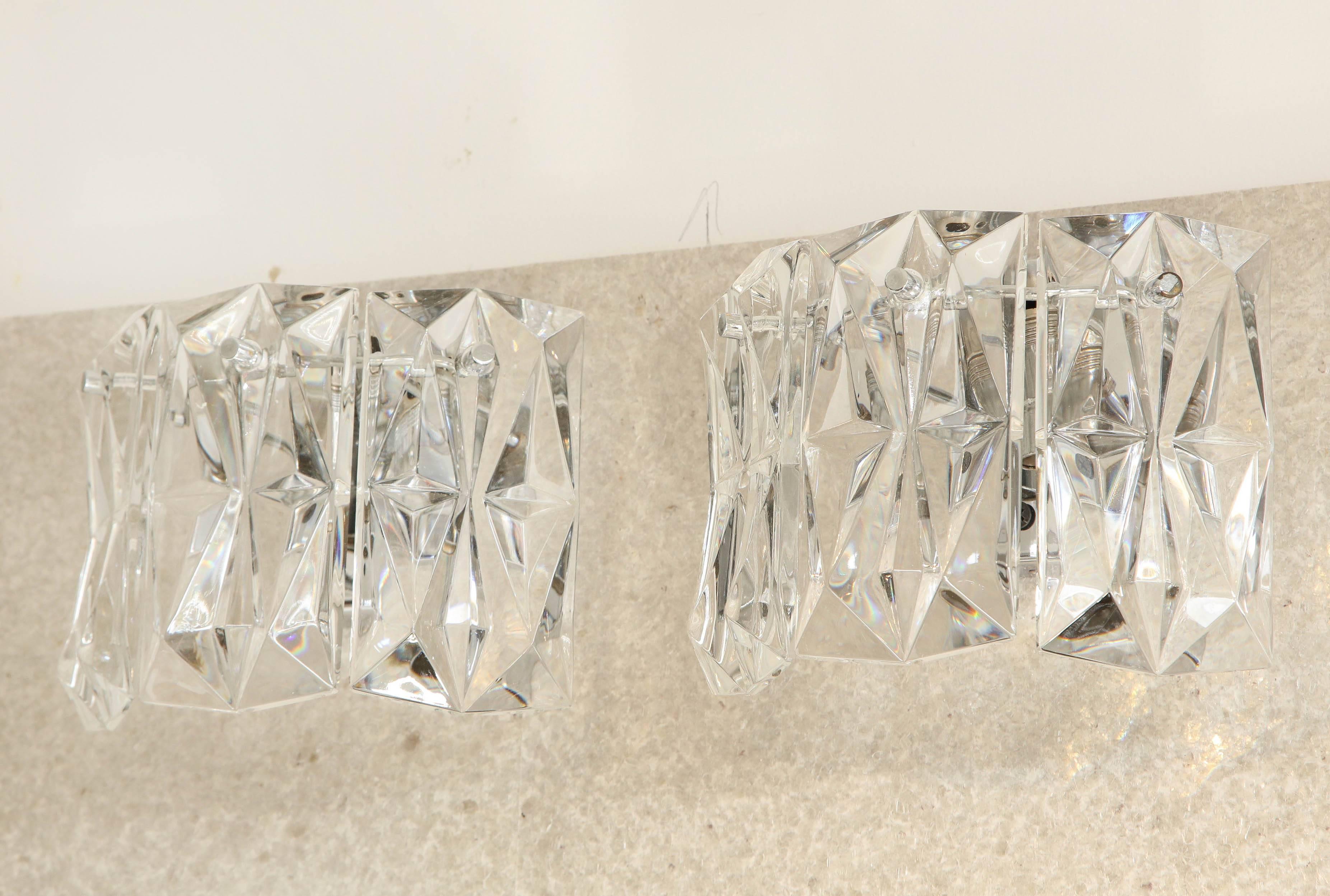 Set of 3 Austrian crystal sconces with rectangular faceted prisms on polished nickel backplates. Rewired for use in the USA.