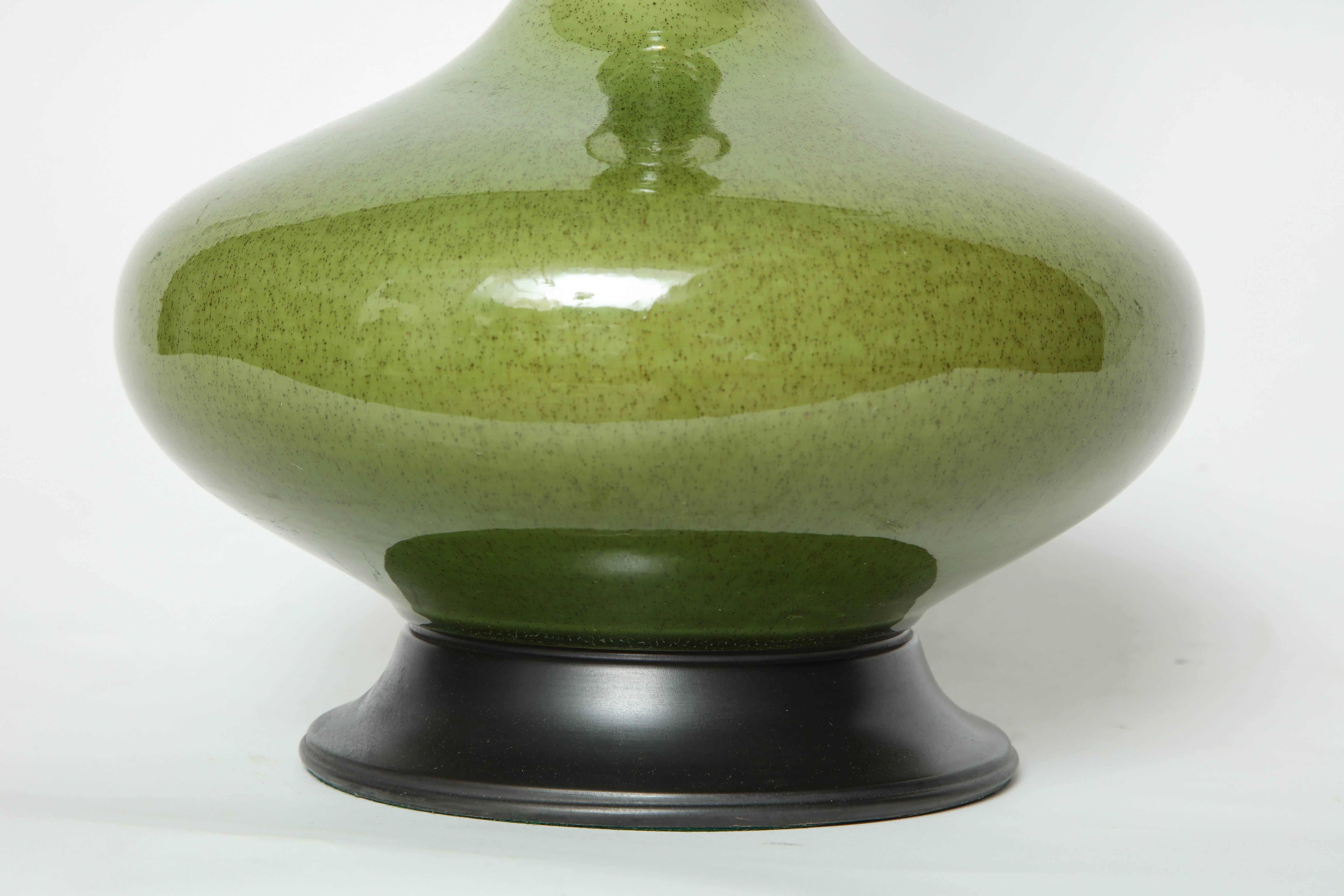 Bronze Mid-Century Moss Green Ceramic Lamps For Sale