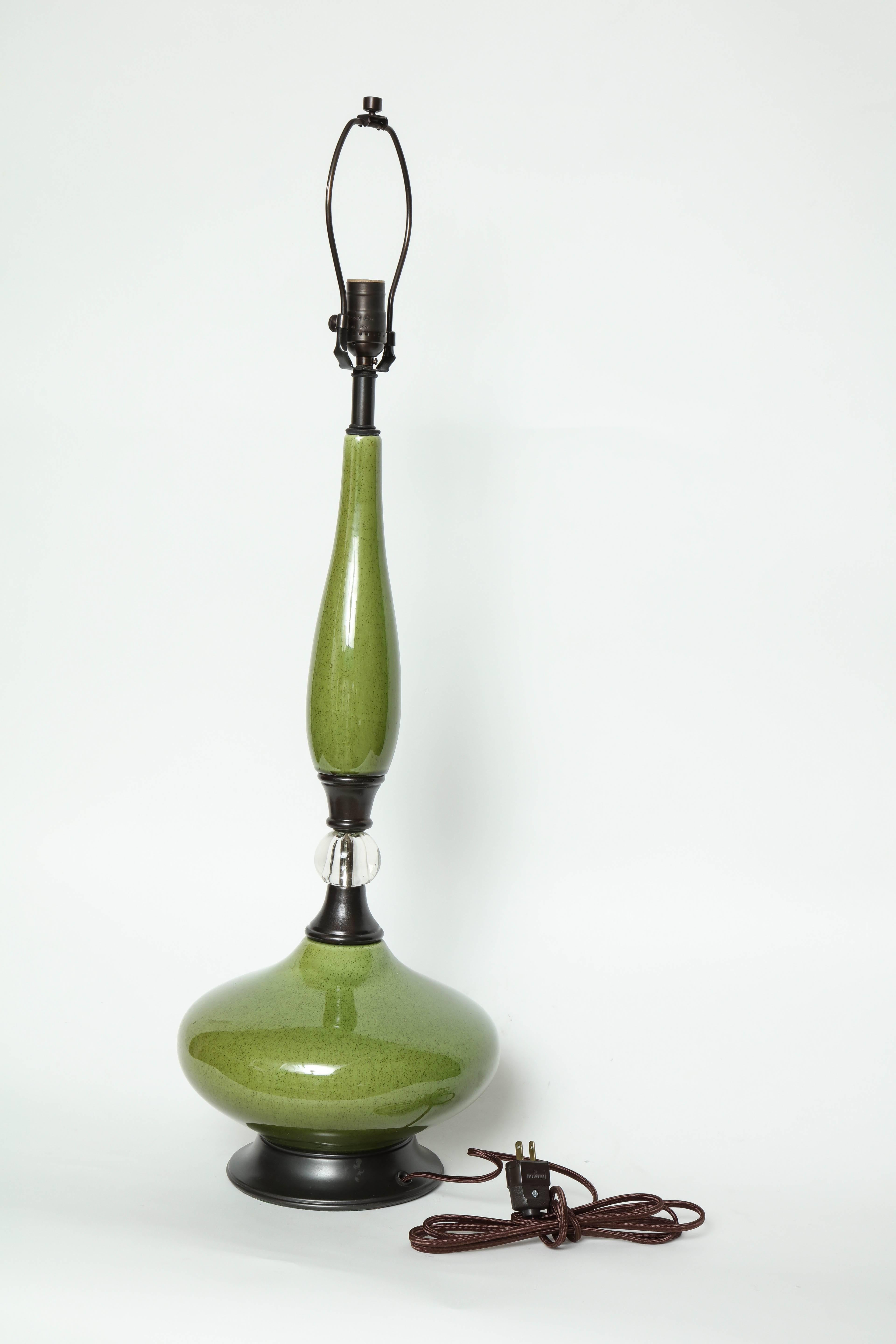 Mid-Century Moss Green Ceramic Lamps For Sale 1