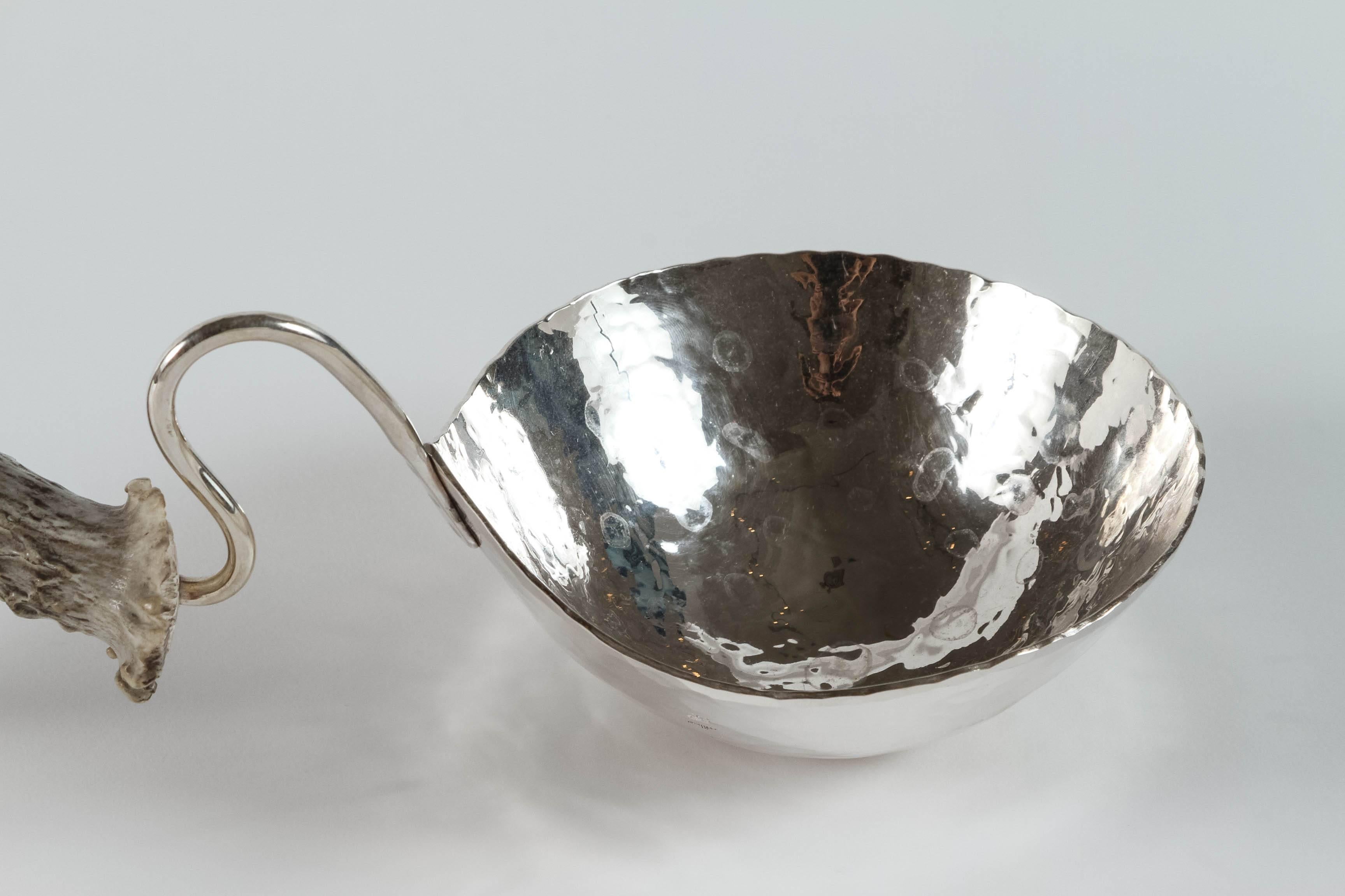 Hammered Silver Nut Bowl with Antler Handle by Ben Caldwell For Sale 2