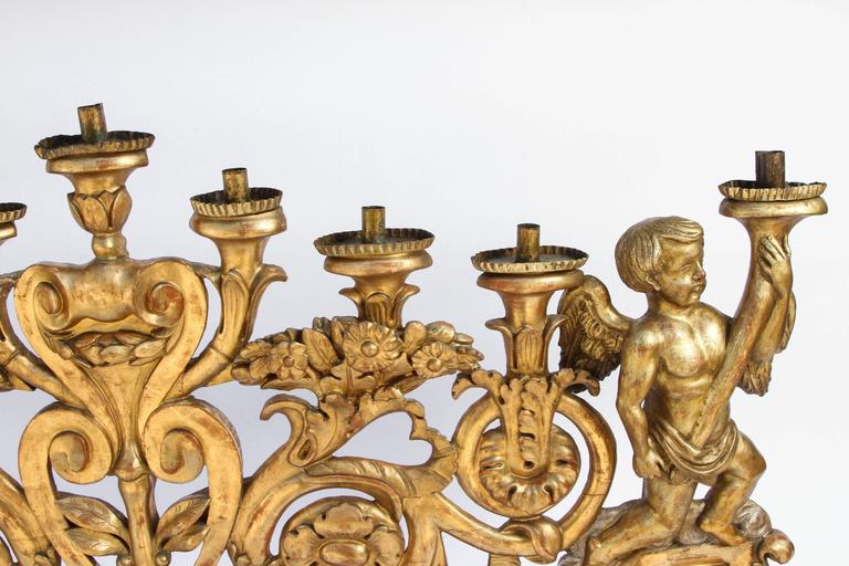 Pair of Oversized 19th Century Italian Giltwood Nine Candleholder For Sale 2