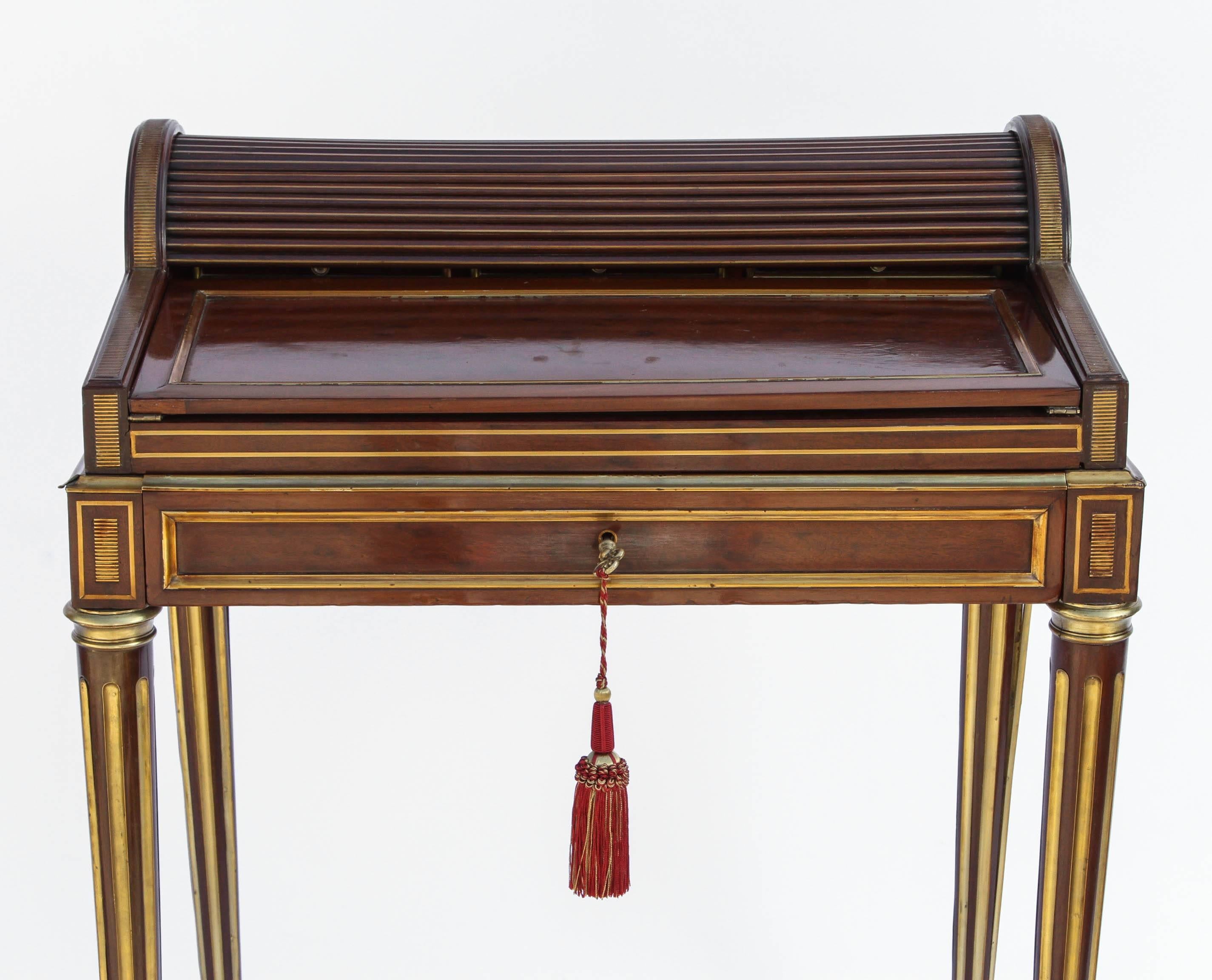 19th century French walnut miniature cylinder writing desk with brass mountings and velvet writing surface. It is signed on the Paul Sorman.
