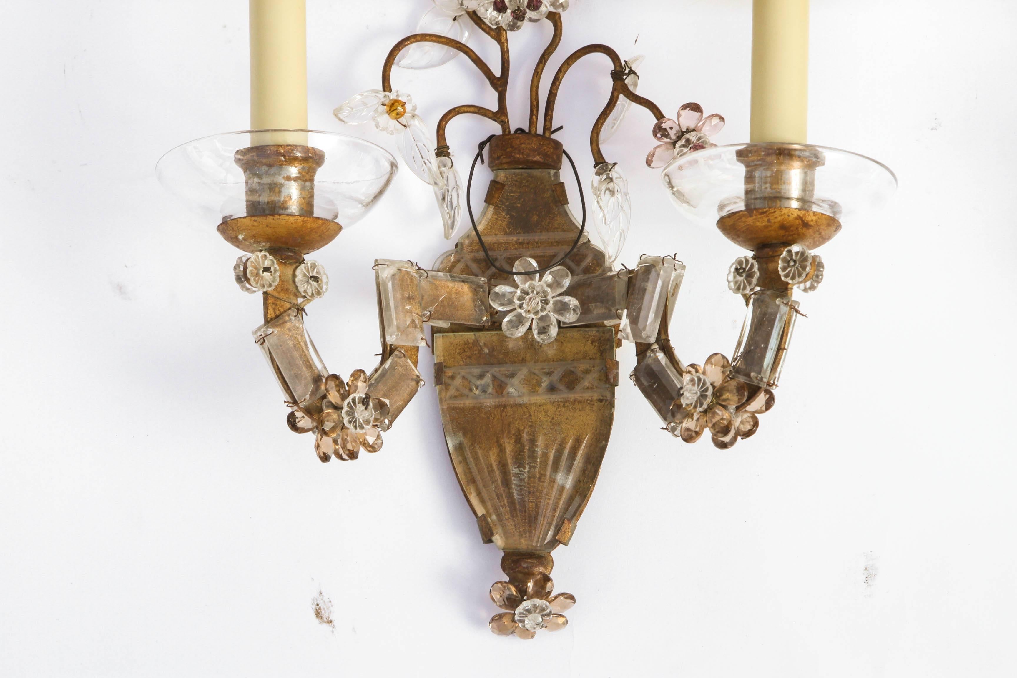 Bronze One Pair of Early 20th Century Etched Glass French Bagues Sconces