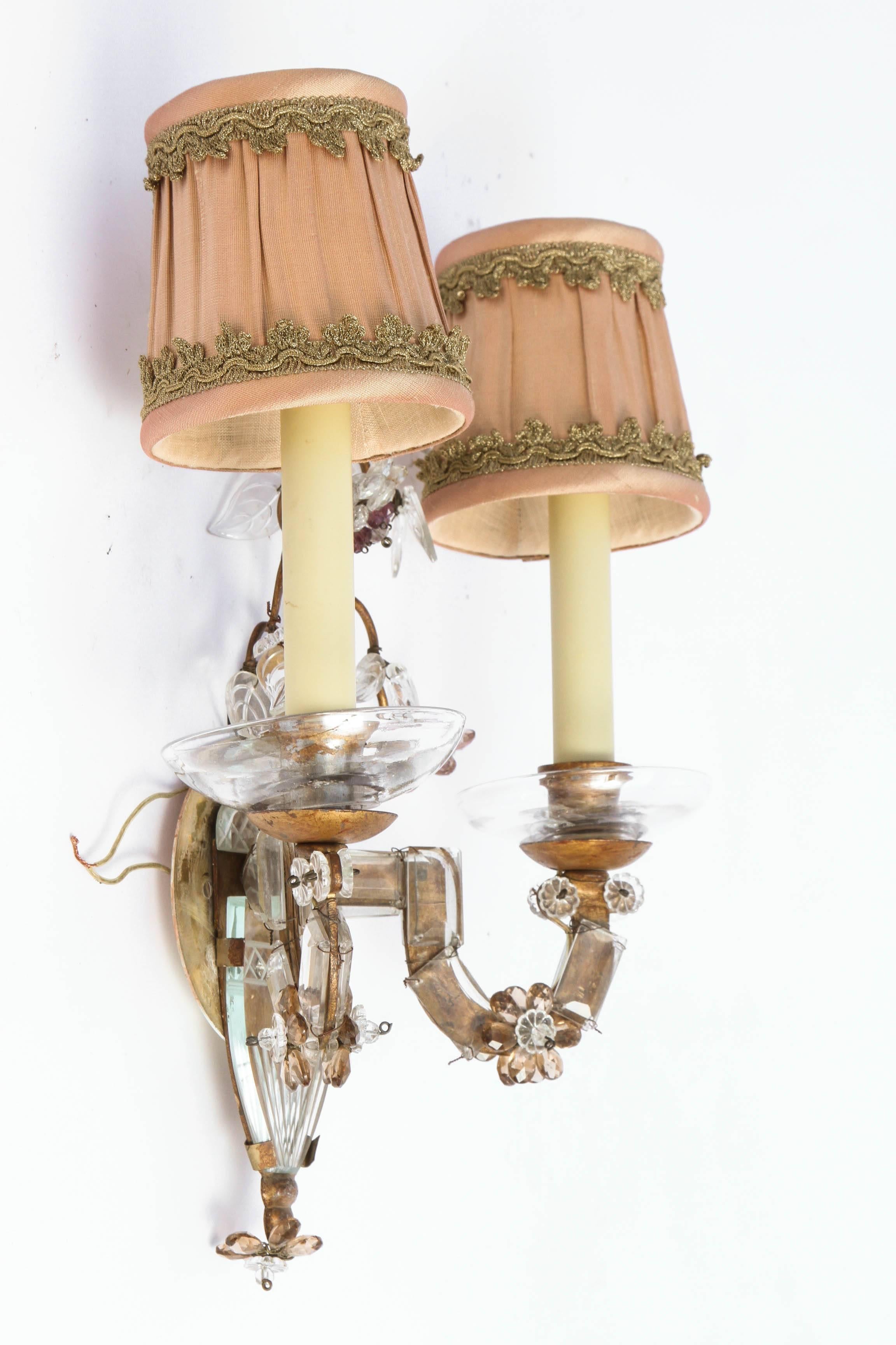 One Pair of Early 20th Century Etched Glass French Bagues Sconces 2