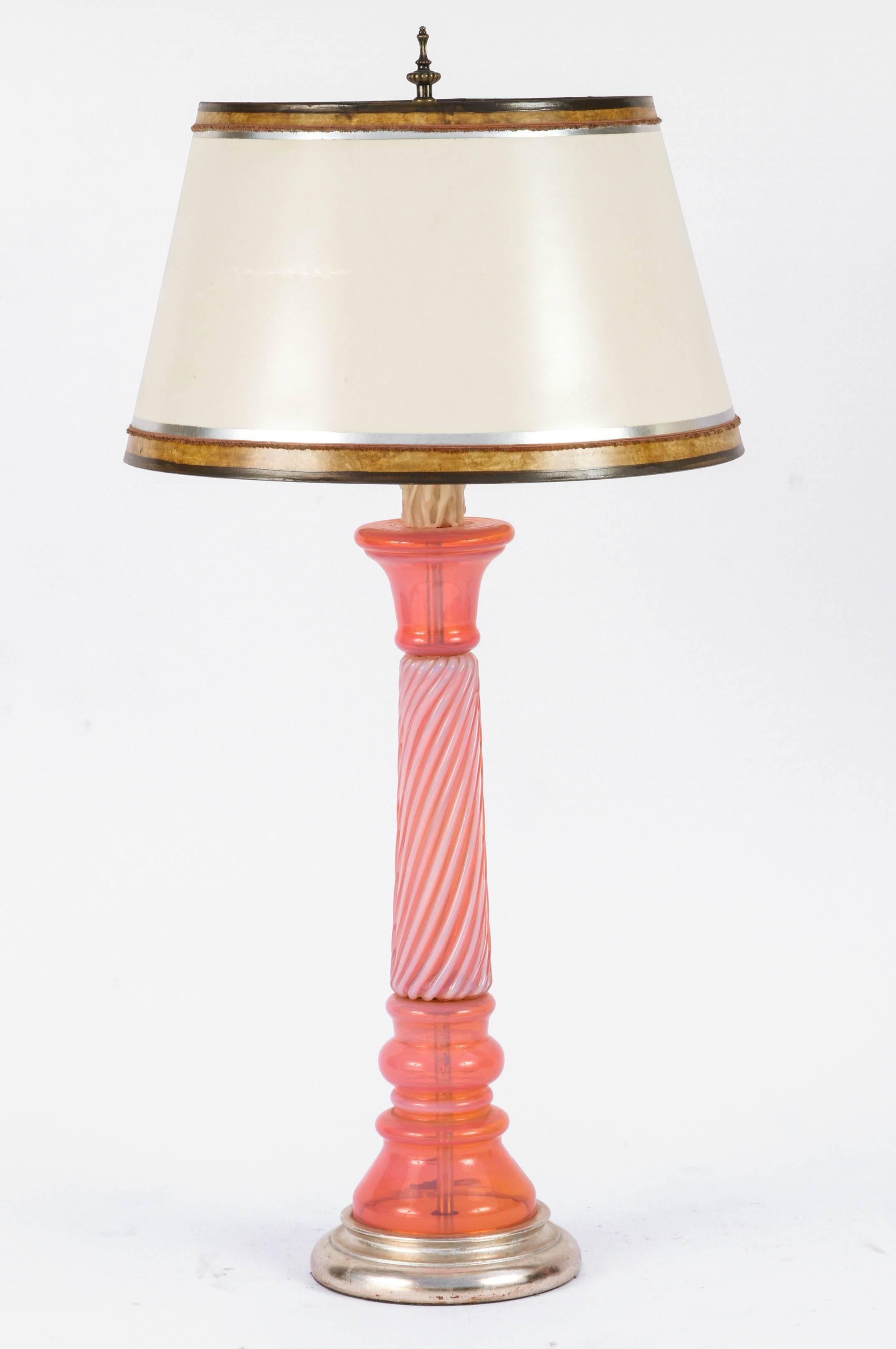 Pair of Mid-Century coral opaline Murano lamp on silver leaf wooden bases. The shades are included and are handcrafted of parchment paper. They are hand gilded and decorated. The lamps have been newly wired.