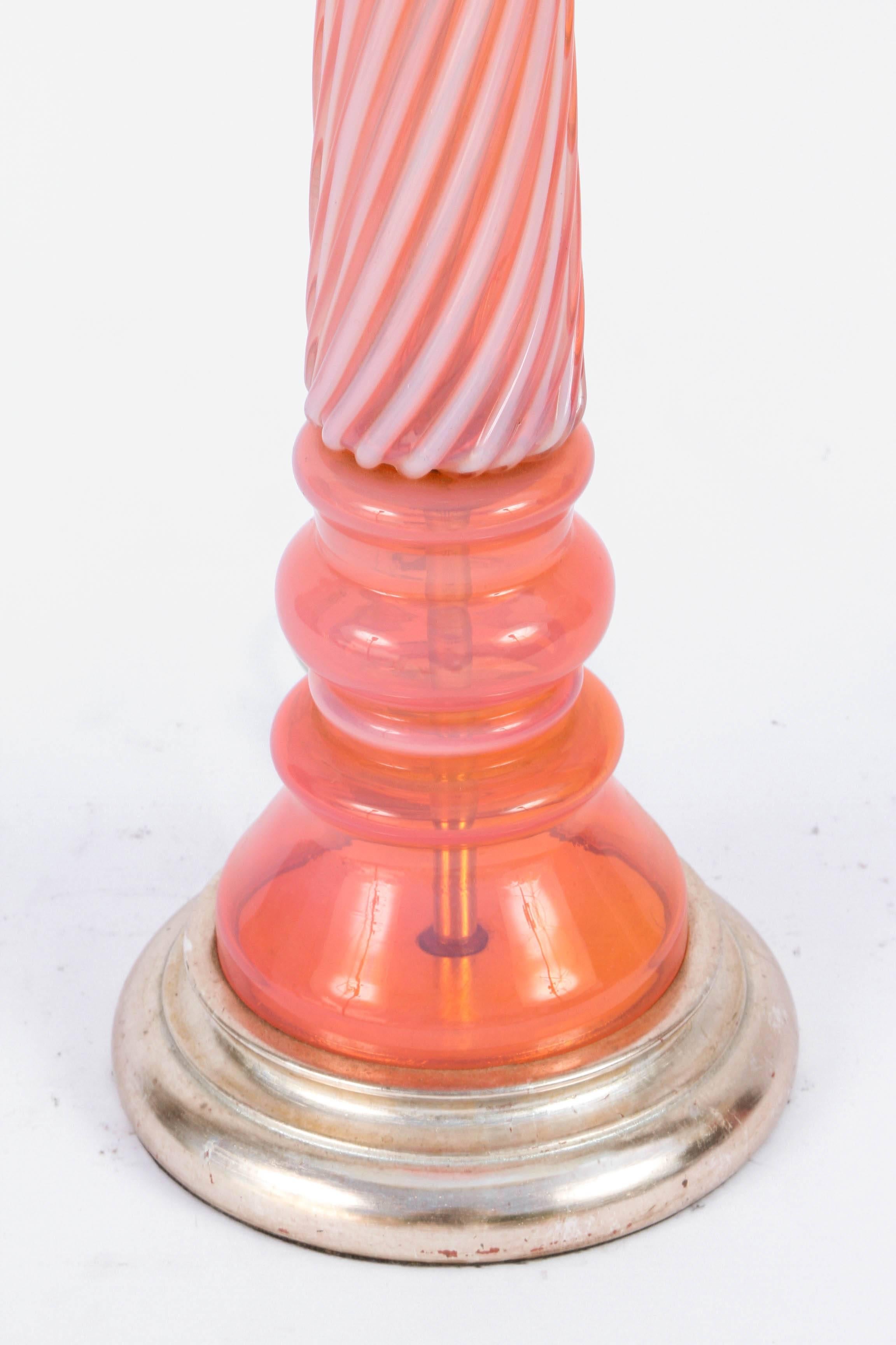 20th Century Pair of Mid-Century Coral Murano Opaline Lamps