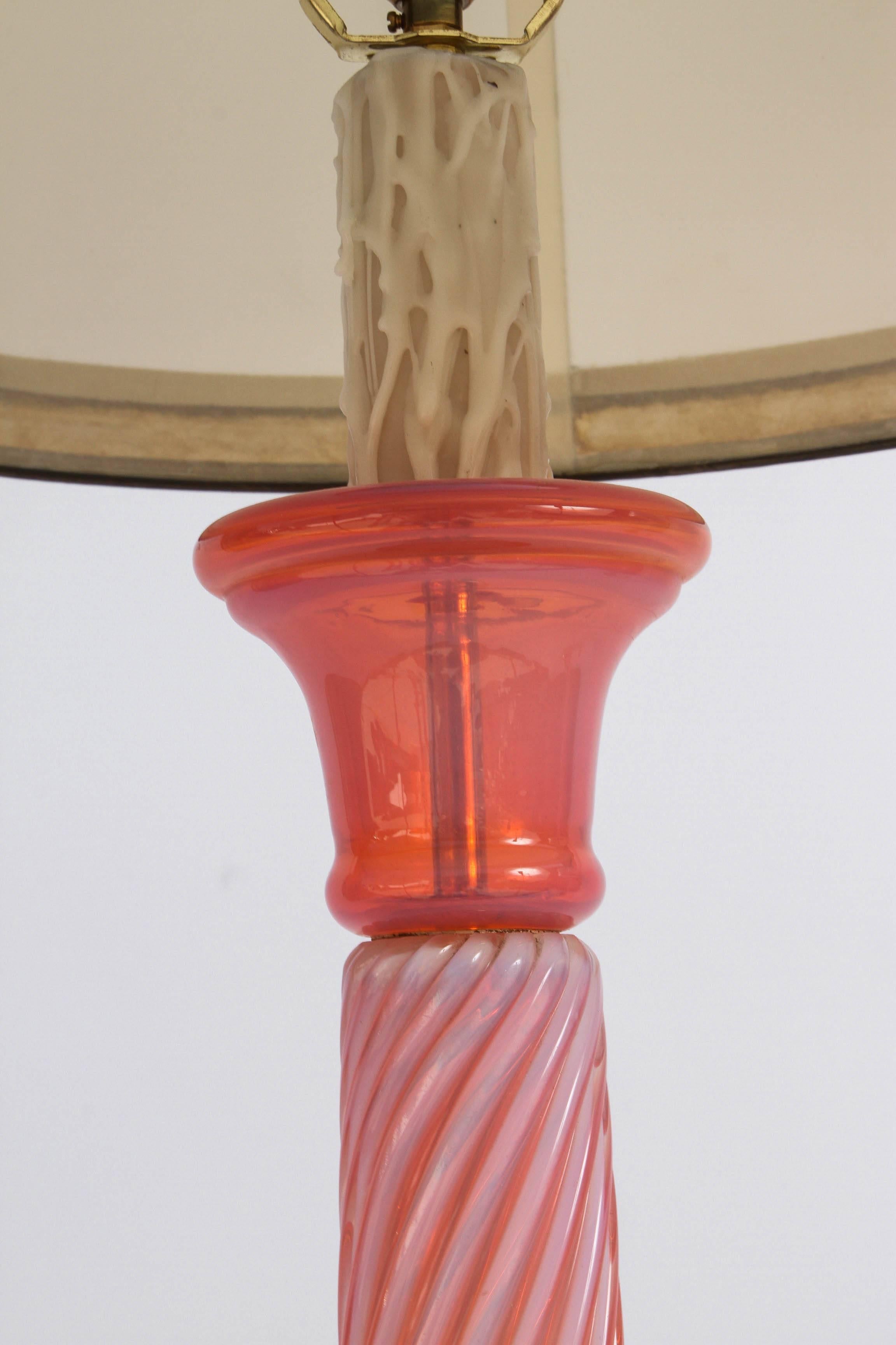 Opaline Glass Pair of Mid-Century Coral Murano Opaline Lamps