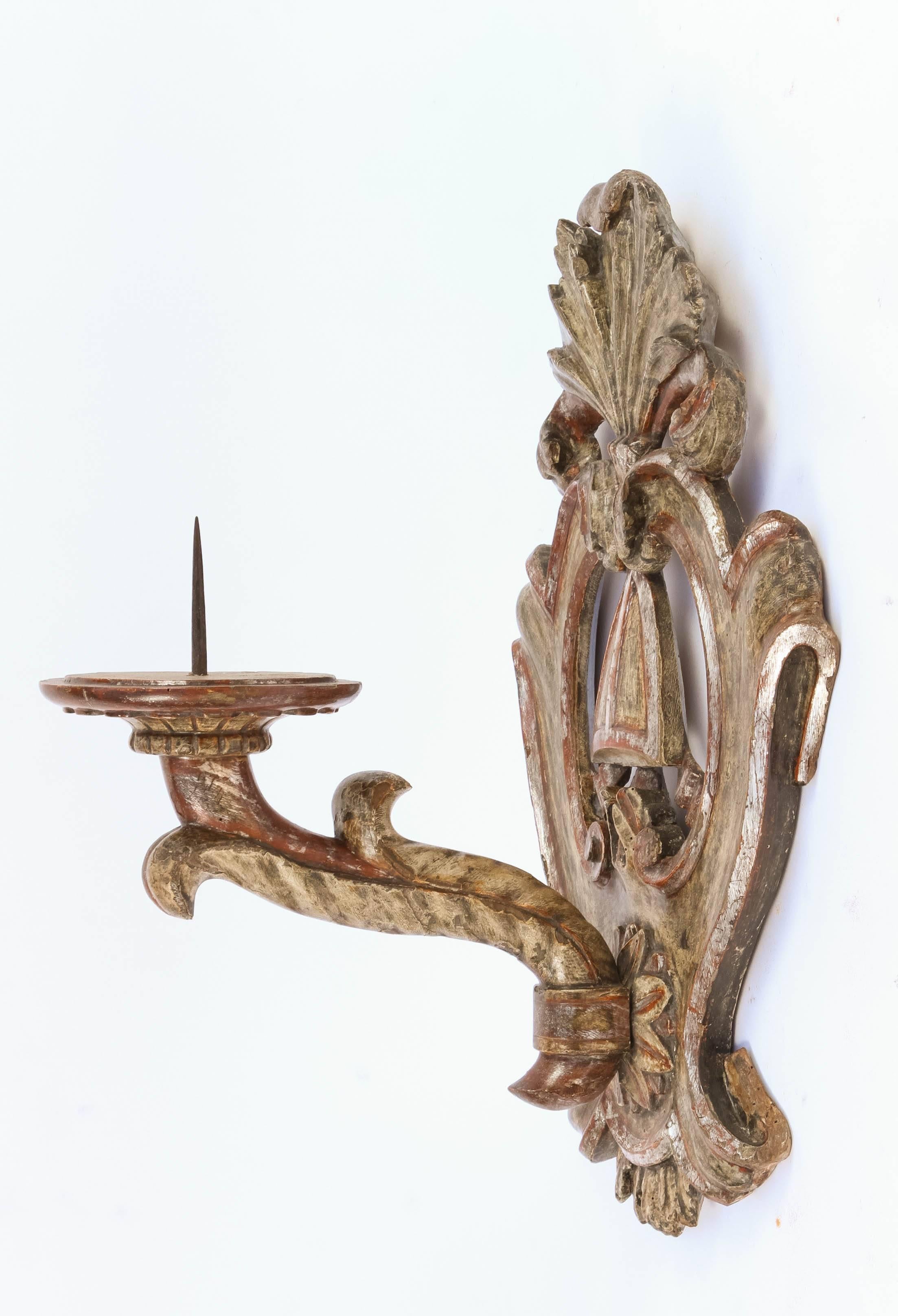 Hand-Carved Pair of 19th Century Large Italian Carved Wood Candle Sconces