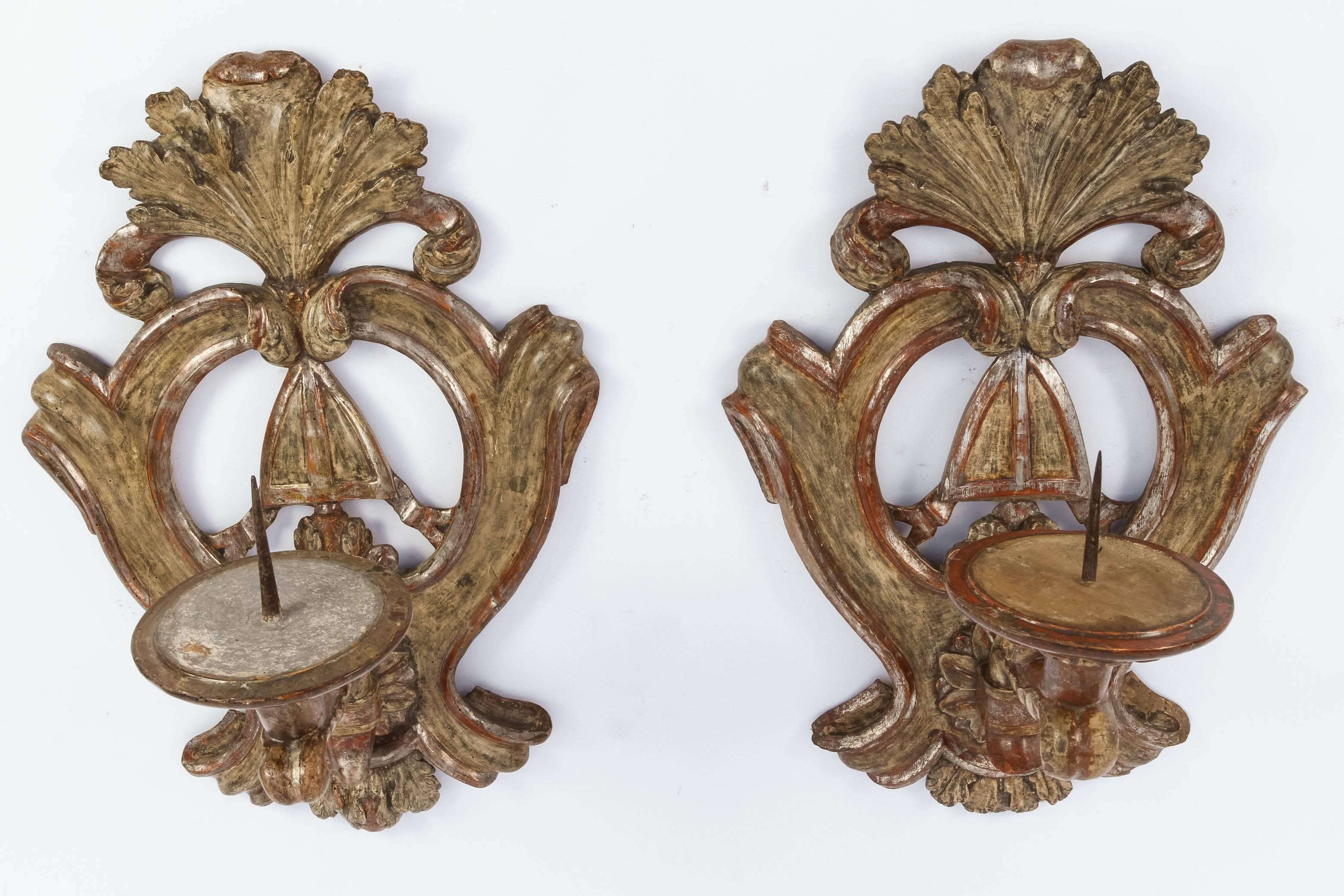 Silver Leaf Pair of 19th Century Large Italian Carved Wood Candle Sconces