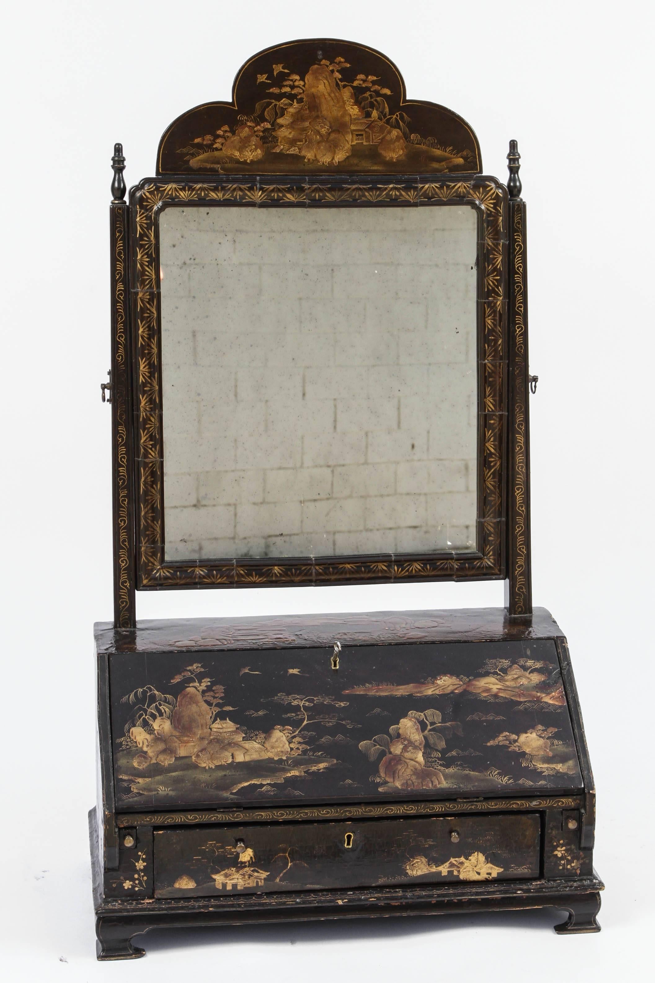 Early 19th century English chinoiserie miniature desk or vanity with mirror. Original key is included.