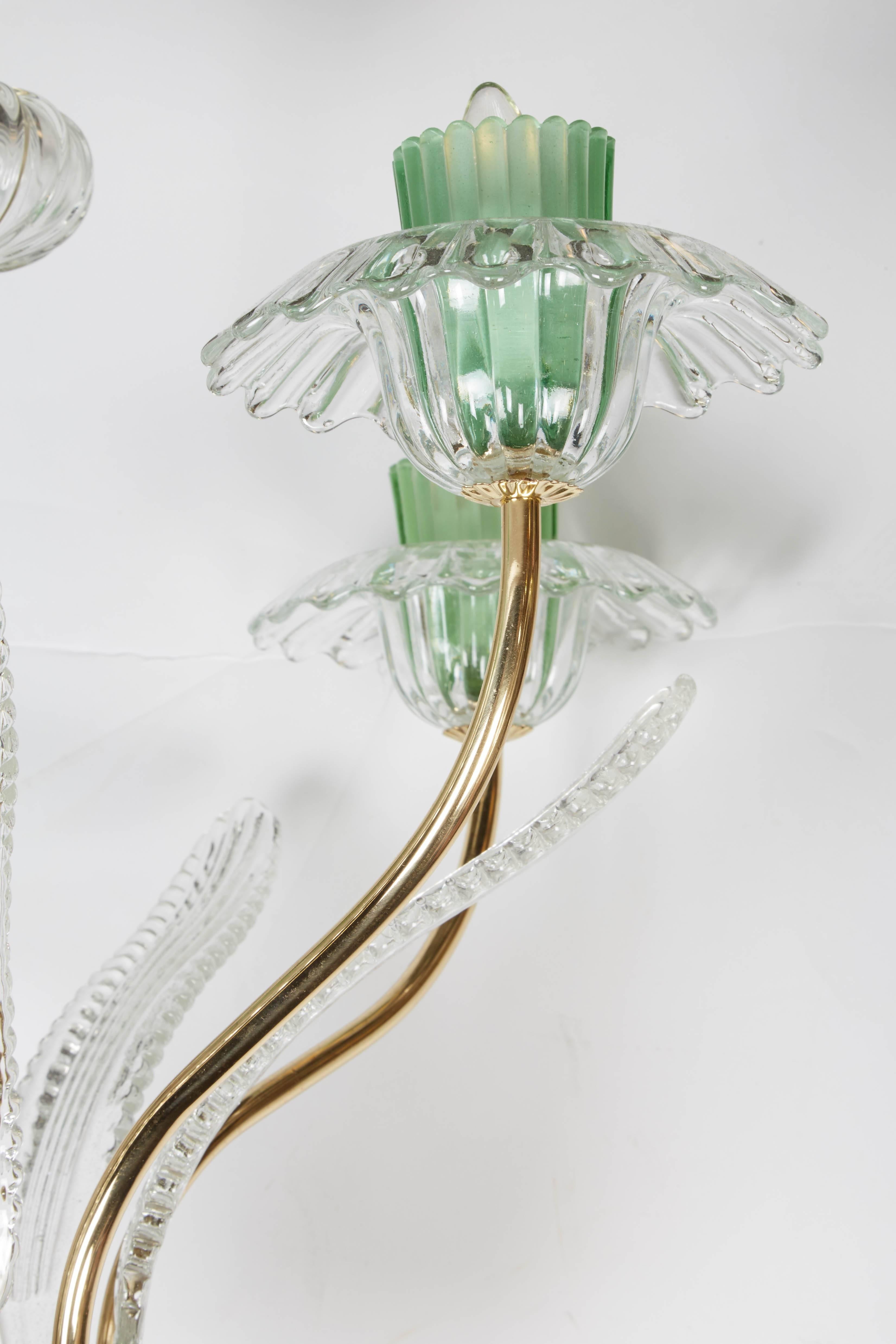 Mid-Century Modern Italian, 1950s Murano Glass and Brass Chandelier
